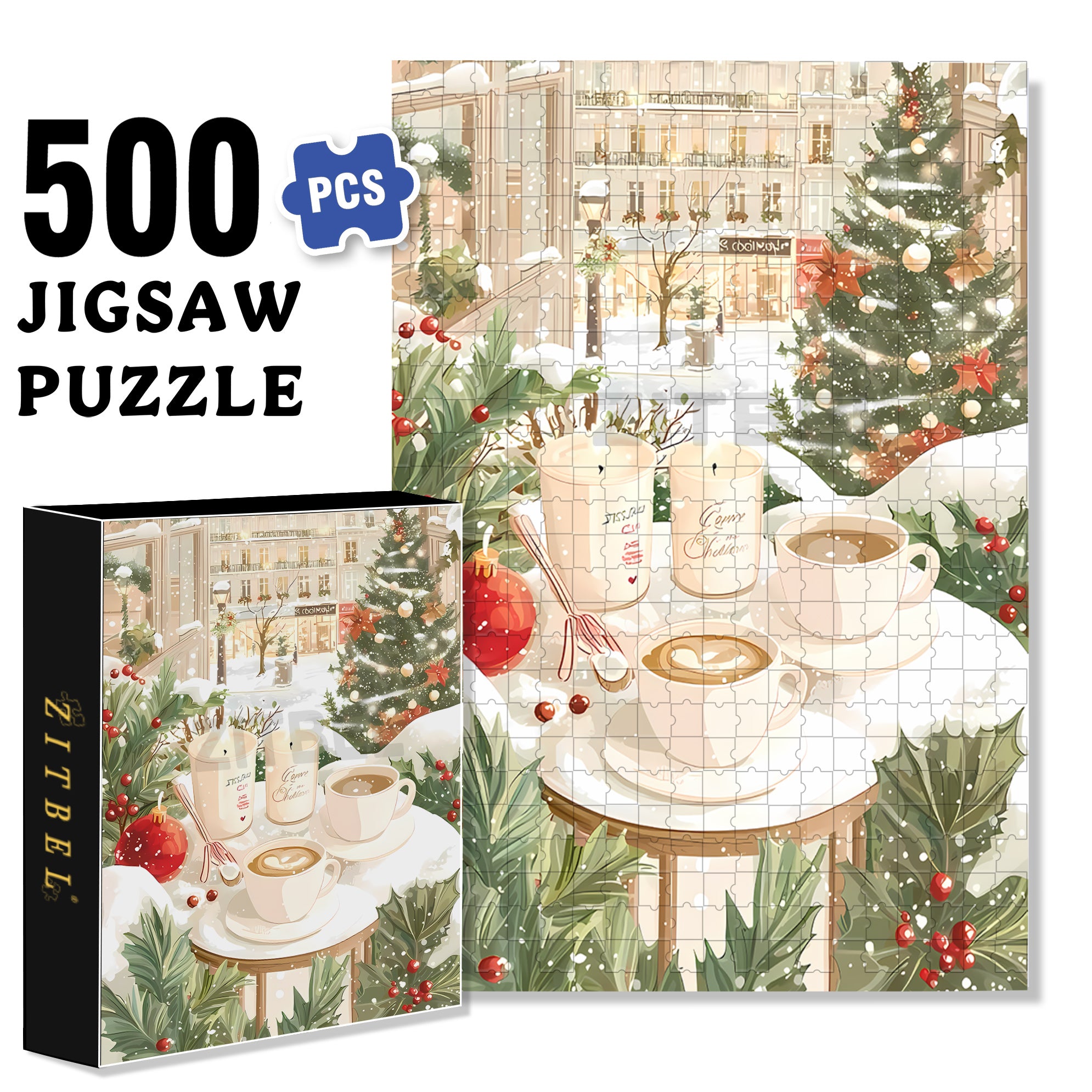 Christmas Coffee 500pcs/1000pcs Jigsaw Puzzle, Scratch-Resistant, Interactive Family Game & Brain-Boosting DIY Decor, Perfect for Halloween, Christmas & New Year Gifts, Family Puzzle Game