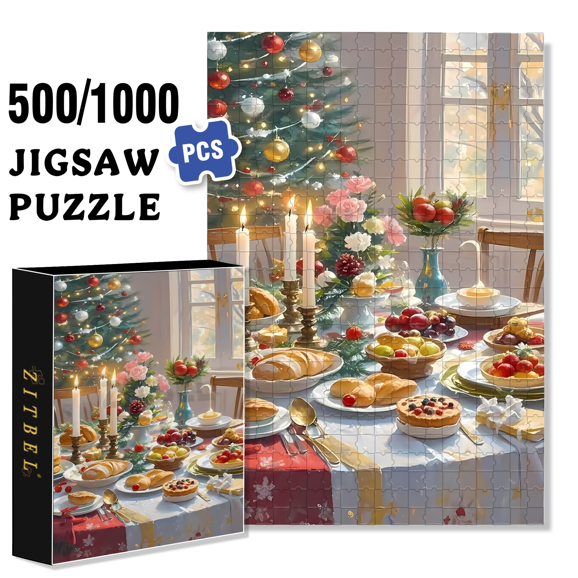 Christmas Dinner 500pcs/1000pcs Jigsaw Puzzle, Scratch-Resistant, Interactive Family Game & Brain-Boosting DIY Decor, Perfect for Halloween, Christmas & New Year Gifts, Family Puzzle Game