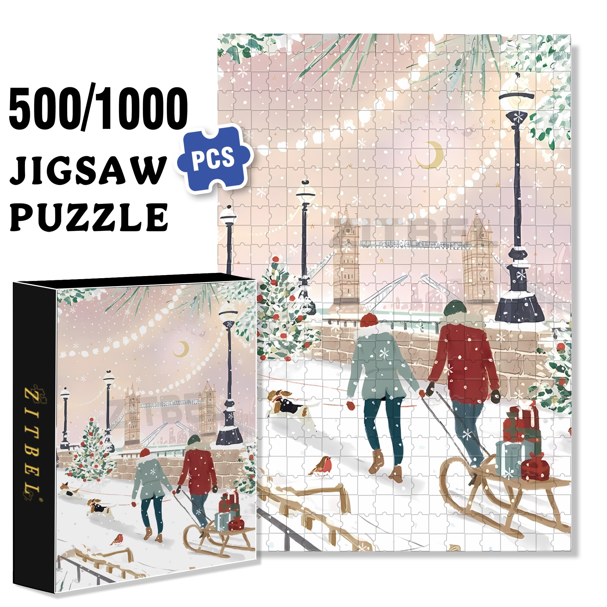 Christmas in London 500pcs/1000pcs Jigsaw Puzzle, Scratch-Resistant, Interactive Family Game & Brain-Boosting DIY Decor, Perfect for Halloween, Christmas & New Year Gifts, Family Puzzle Game