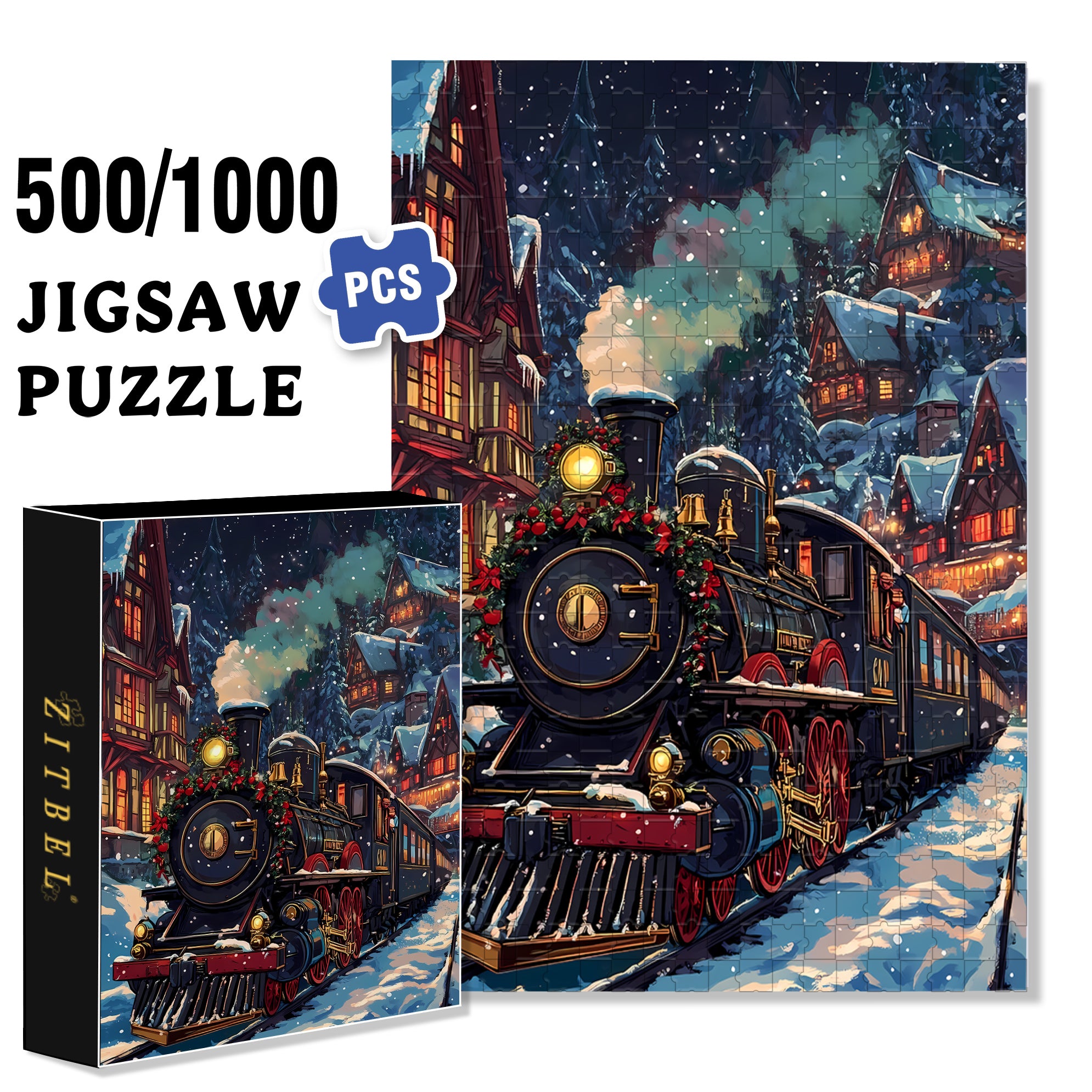 Christmas Train 500pcs/1000pcs Jigsaw Puzzle, Scratch-Resistant, Interactive Family Game & Brain-Boosting DIY Decor, Perfect for Halloween, Christmas & New Year Gifts, Family Puzzle Game