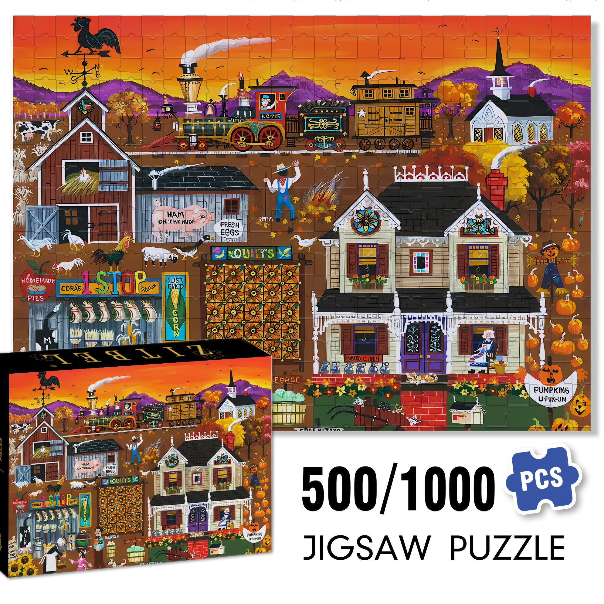 Cora's One Stop Farm 500pcs/1000pcs Jigsaw Puzzle, Scratch-Resistant, Interactive Family Game & Brain-Boosting DIY Decor, Perfect for Halloween, Christmas & New Year Gifts, Family Puzzle Game