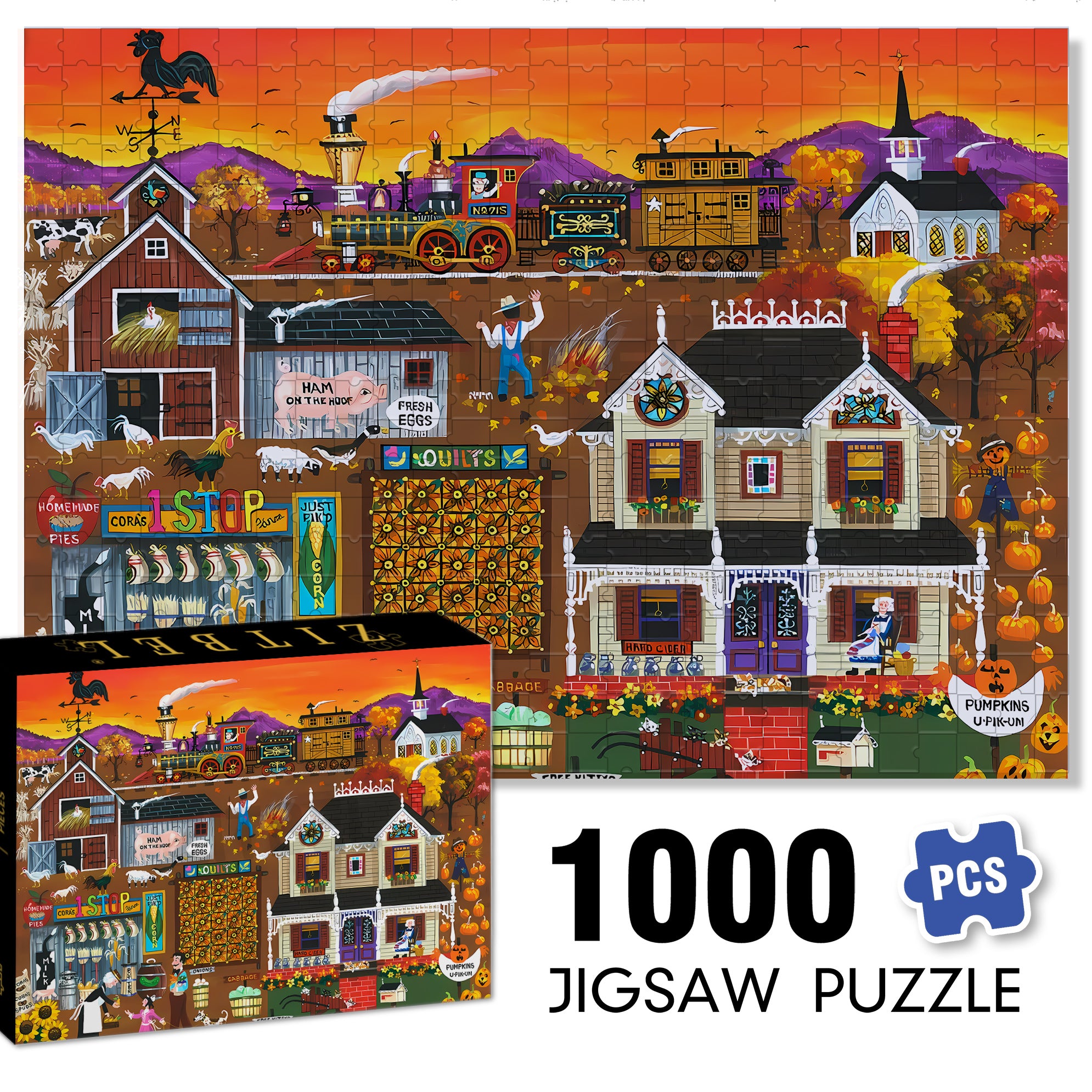 Cora's One Stop Farm 500pcs/1000pcs Jigsaw Puzzle, Scratch-Resistant, Interactive Family Game & Brain-Boosting DIY Decor, Perfect for Halloween, Christmas & New Year Gifts, Family Puzzle Game