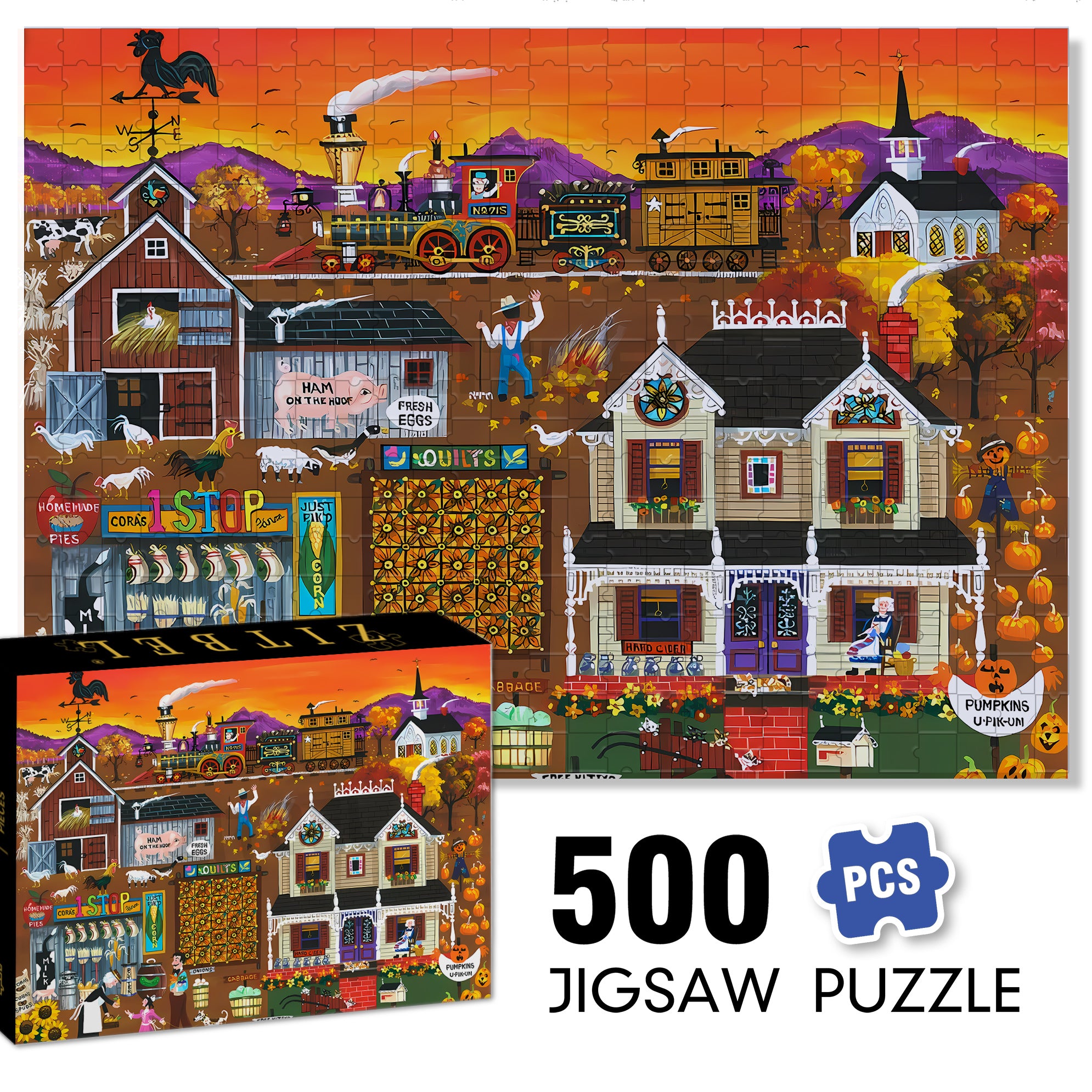Cora's One Stop Farm 500pcs/1000pcs Jigsaw Puzzle, Scratch-Resistant, Interactive Family Game & Brain-Boosting DIY Decor, Perfect for Halloween, Christmas & New Year Gifts, Family Puzzle Game
