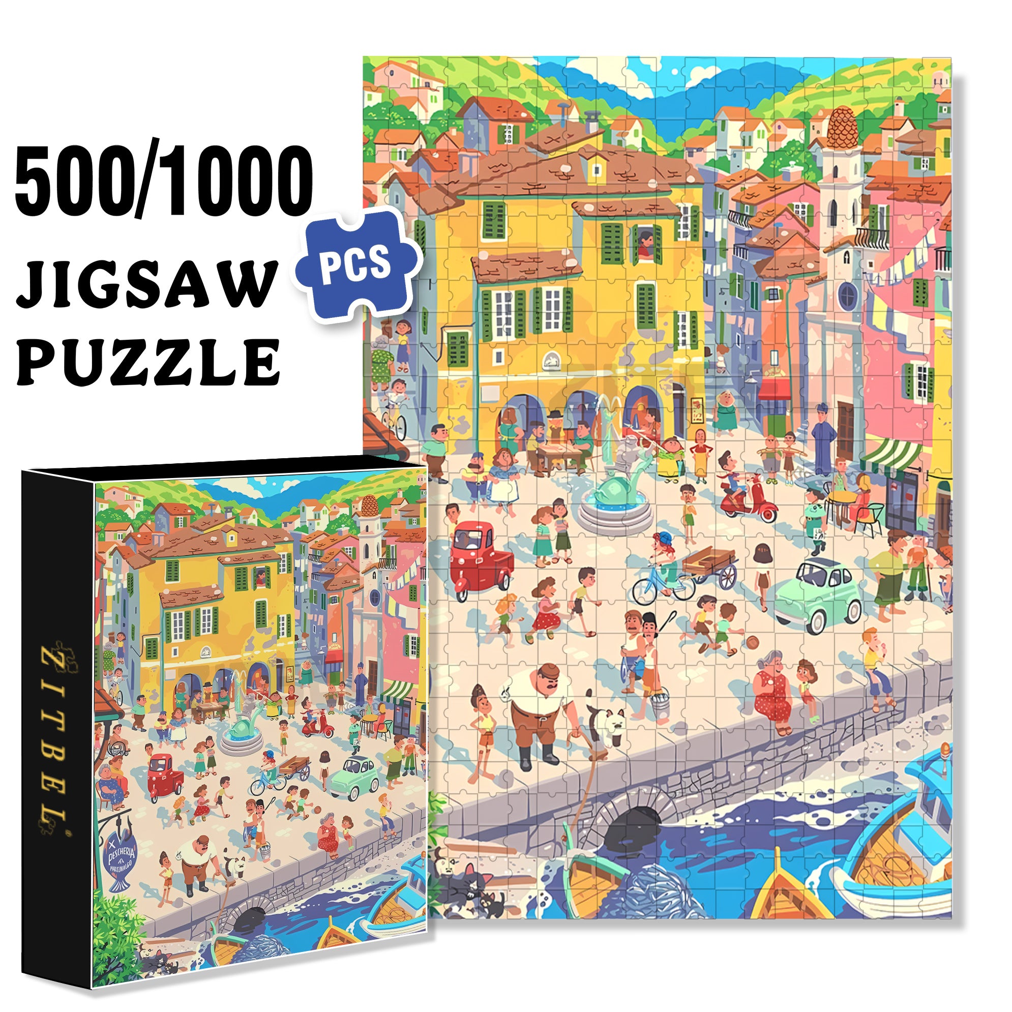 Fishing Port Town 500pcs/1000pcs Jigsaw Puzzle, Scratch-Resistant, Interactive Family Game & Brain-Boosting DIY Decor, Perfect for Halloween, Christmas & New Year Gifts, Family Puzzle Game