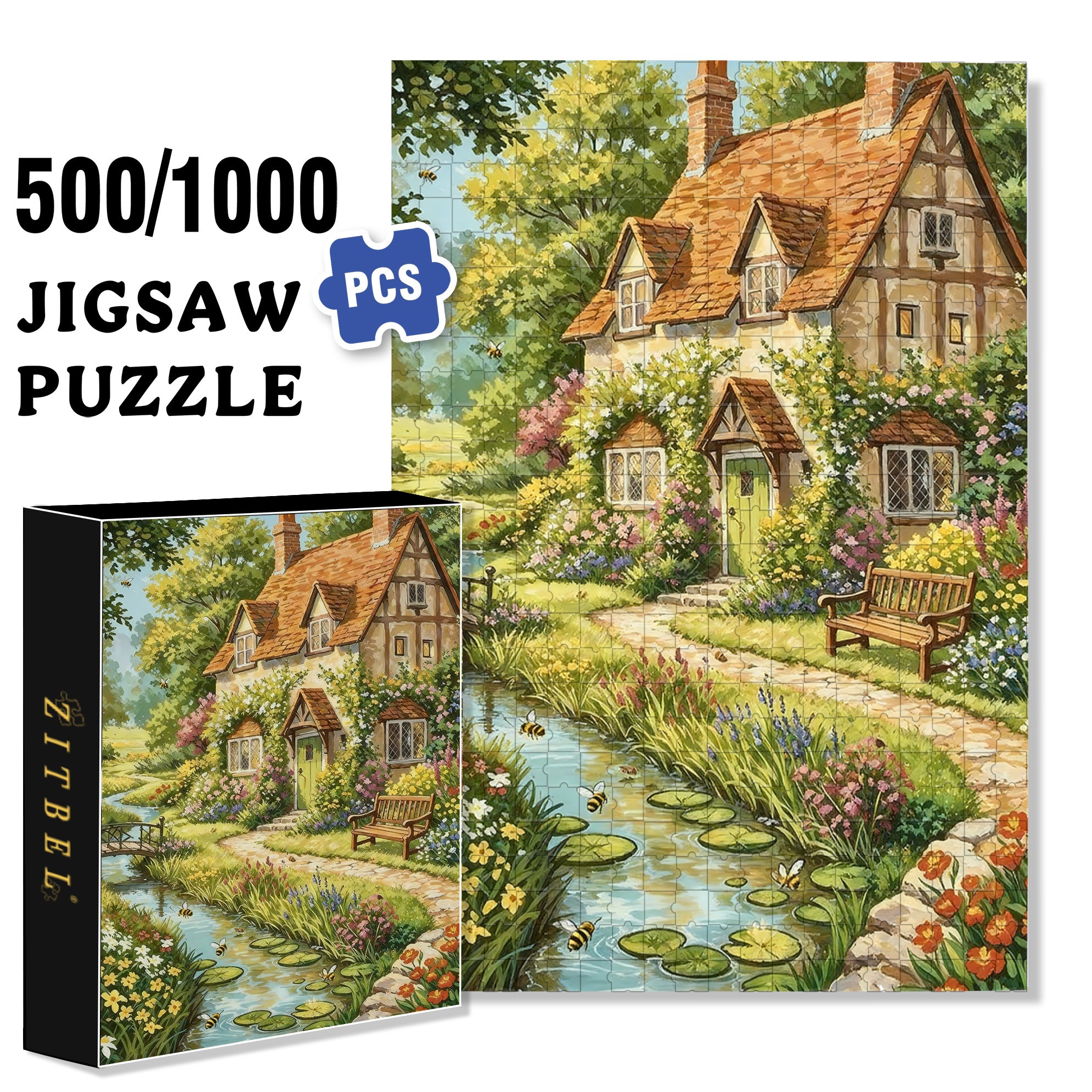 Gurgling Water 500pcs/1000pcs Jigsaw Puzzle, Scratch-Resistant, Interactive Family Game & Brain-Boosting DIY Decor, Perfect for Halloween, Christmas & New Year Gifts, Family Puzzle Game