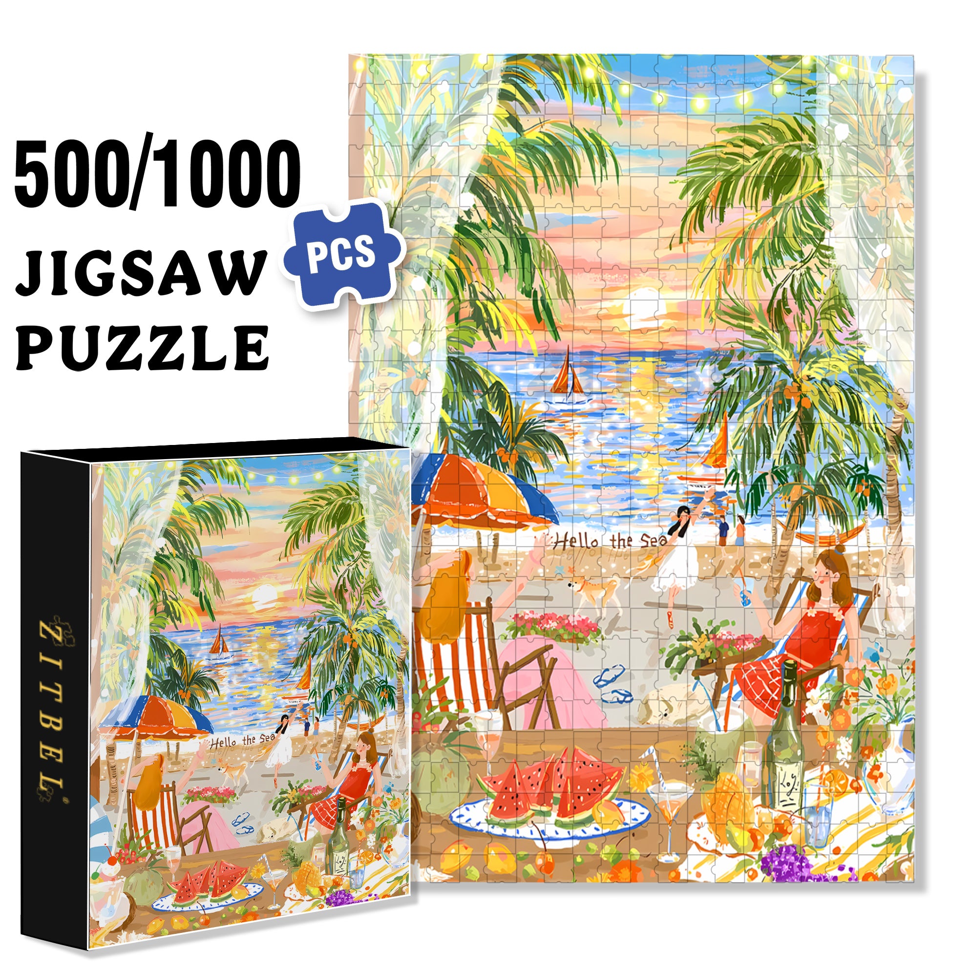 Hello The Sea 500pcs/1000pcs Jigsaw Puzzle, Scratch-Resistant, Interactive Family Game & Brain-Boosting DIY Decor, Perfect for Halloween, Christmas & New Year Gifts, Family Puzzle Game