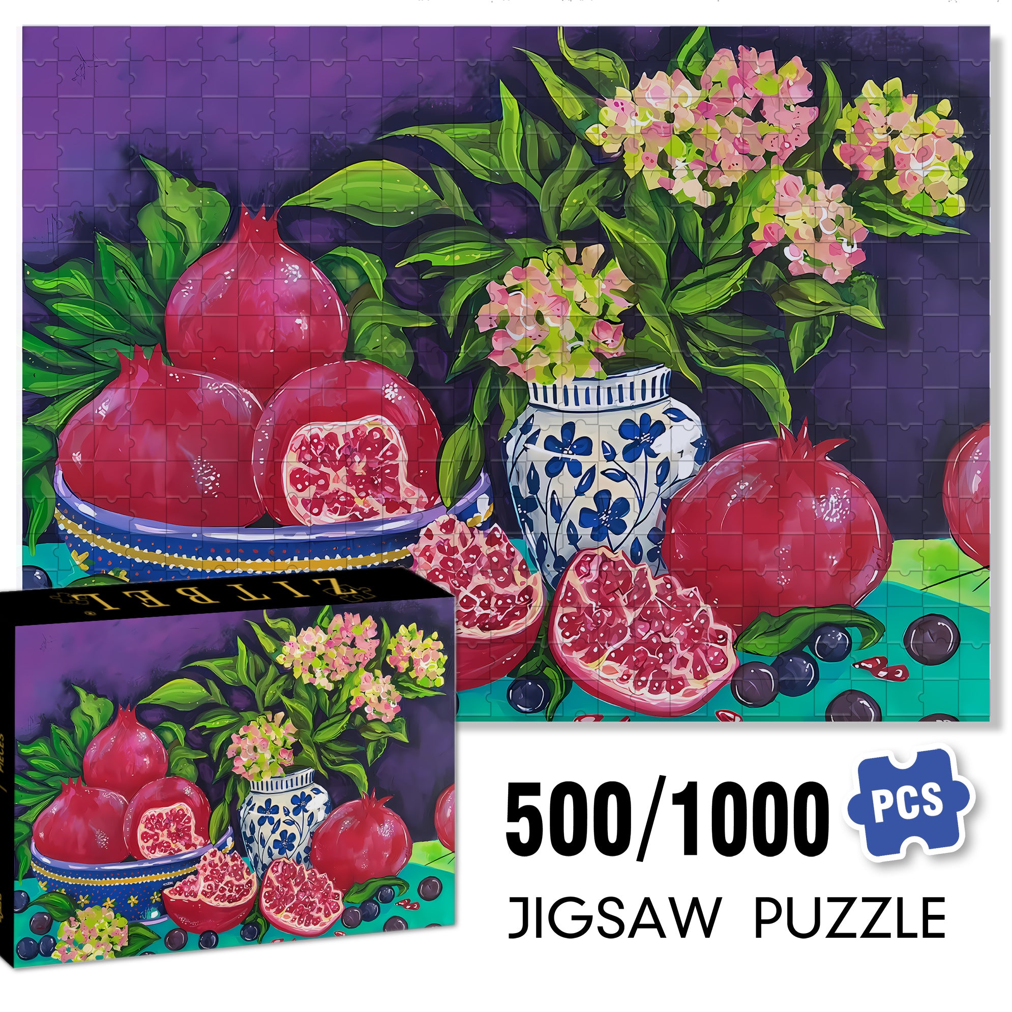 Pomegranat  500pcs/1000pcs Jigsaw Puzzle, Scratch-Resistant, Interactive Family Game & Brain-Boosting DIY Decor, Perfect for Halloween, Christmas & New Year Gifts, Family Puzzle Game