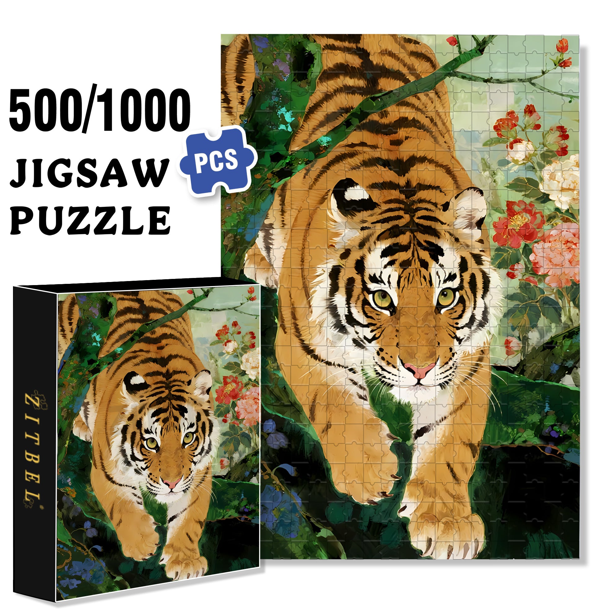 Tiger 500pcs/1000pcs Jigsaw Puzzle, Scratch-Resistant, Interactive Family Game & Brain-Boosting DIY Decor, Perfect for Halloween, Christmas & New Year Gifts, Family Puzzle Game