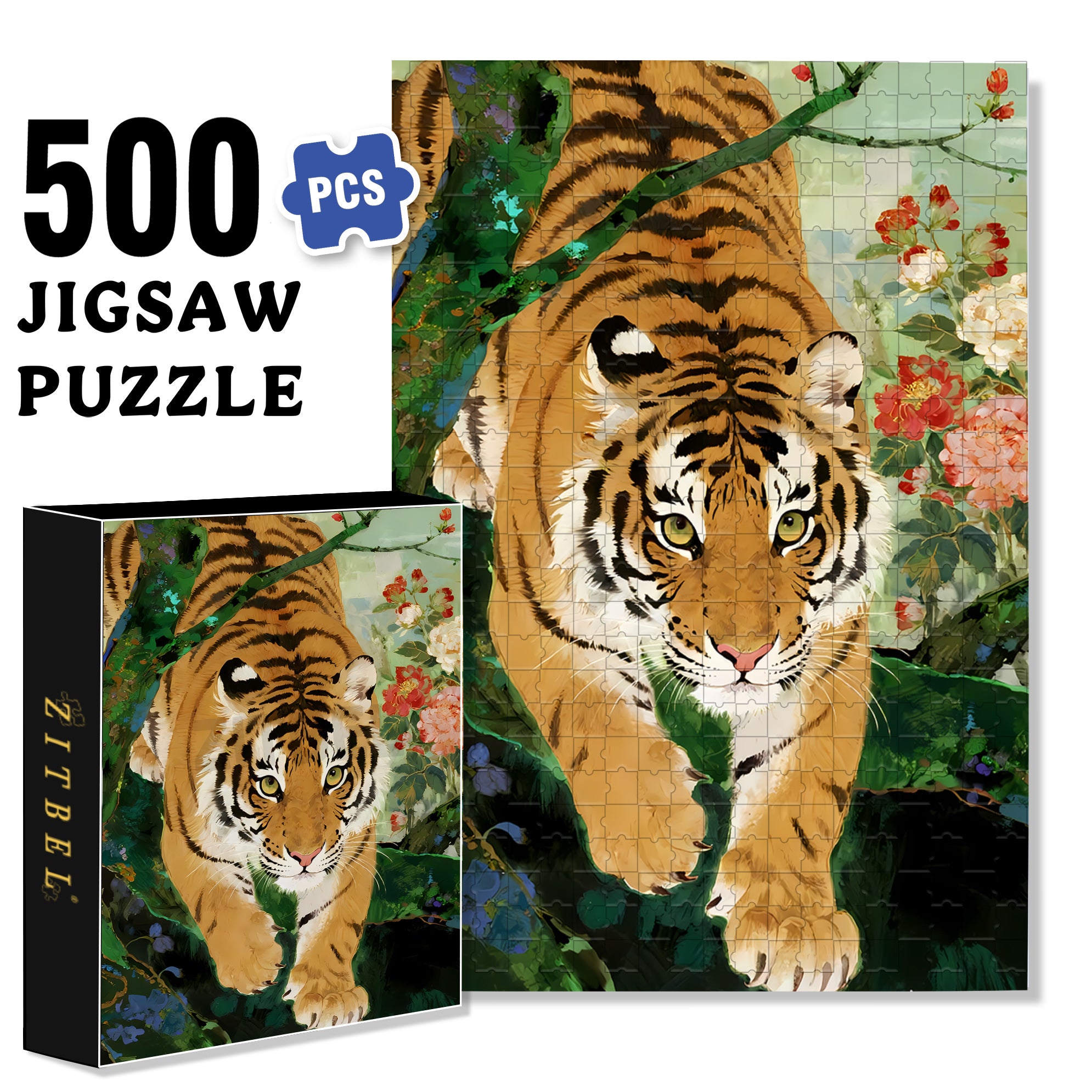 Tiger 500pcs/1000pcs Jigsaw Puzzle, Scratch-Resistant, Interactive Family Game & Brain-Boosting DIY Decor, Perfect for Halloween, Christmas & New Year Gifts, Family Puzzle Game