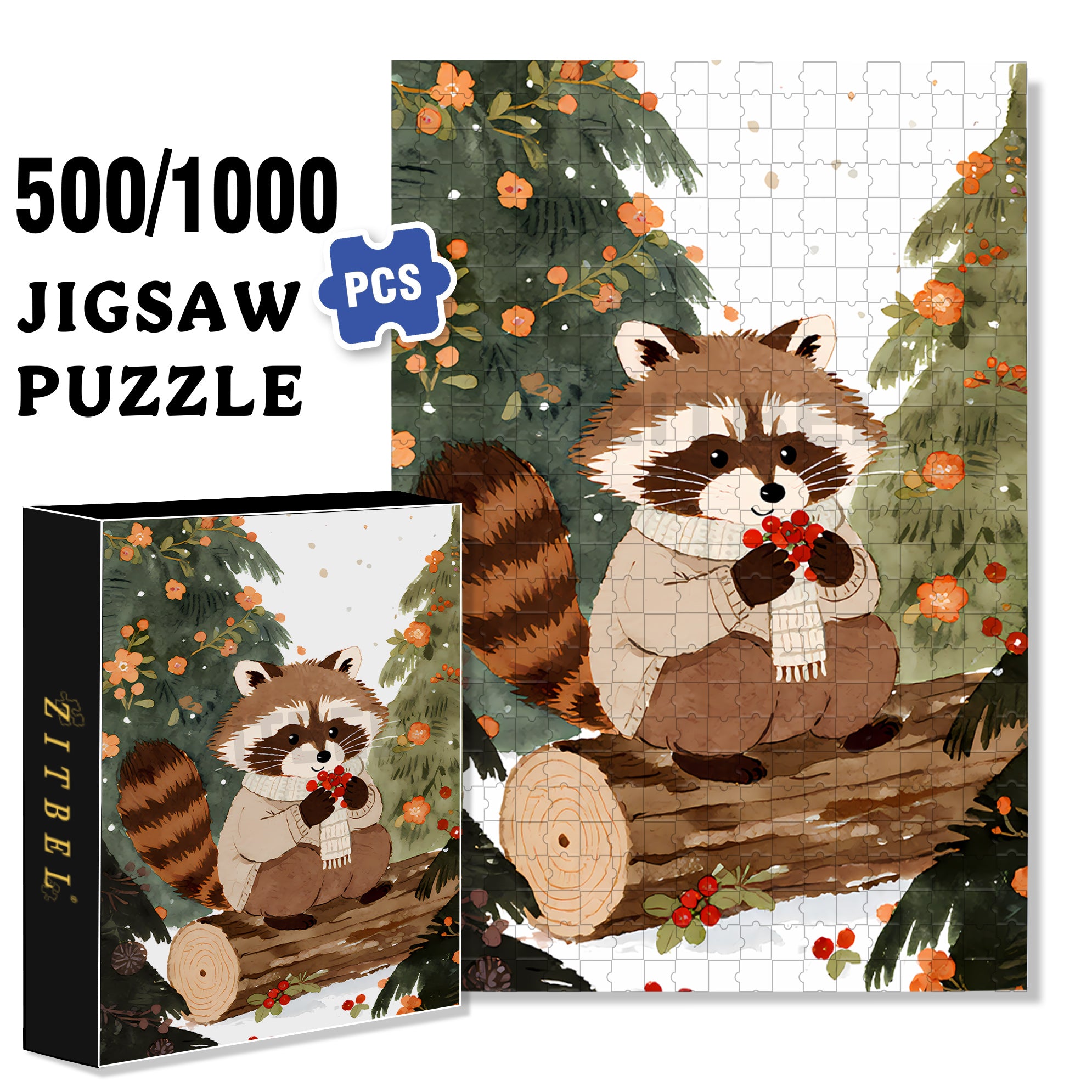 Raccoon Celebrates Christmas 500pcs/1000pcs Jigsaw Puzzle, Scratch-Resistant, Interactive Family Game & Brain-Boosting DIY Decor, Perfect for Halloween, Christmas & New Year Gifts, Family Puzzle Game