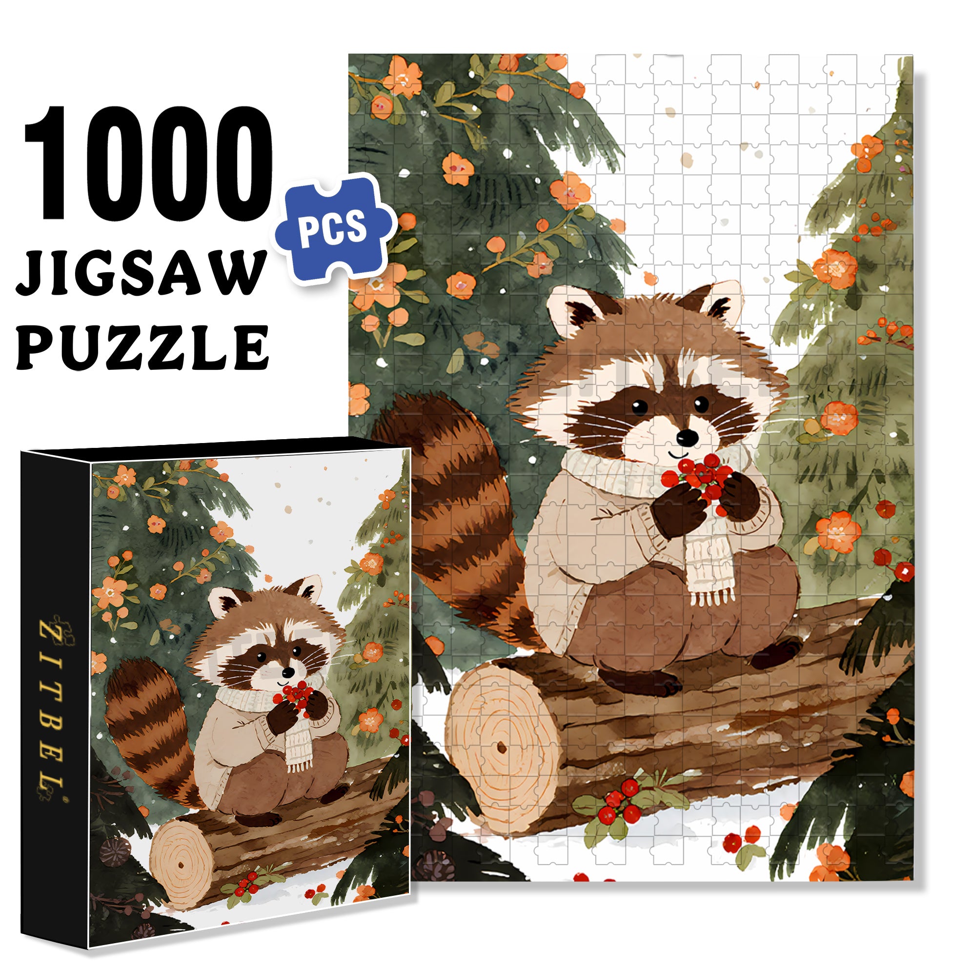 Raccoon Celebrates Christmas 500pcs/1000pcs Jigsaw Puzzle, Scratch-Resistant, Interactive Family Game & Brain-Boosting DIY Decor, Perfect for Halloween, Christmas & New Year Gifts, Family Puzzle Game
