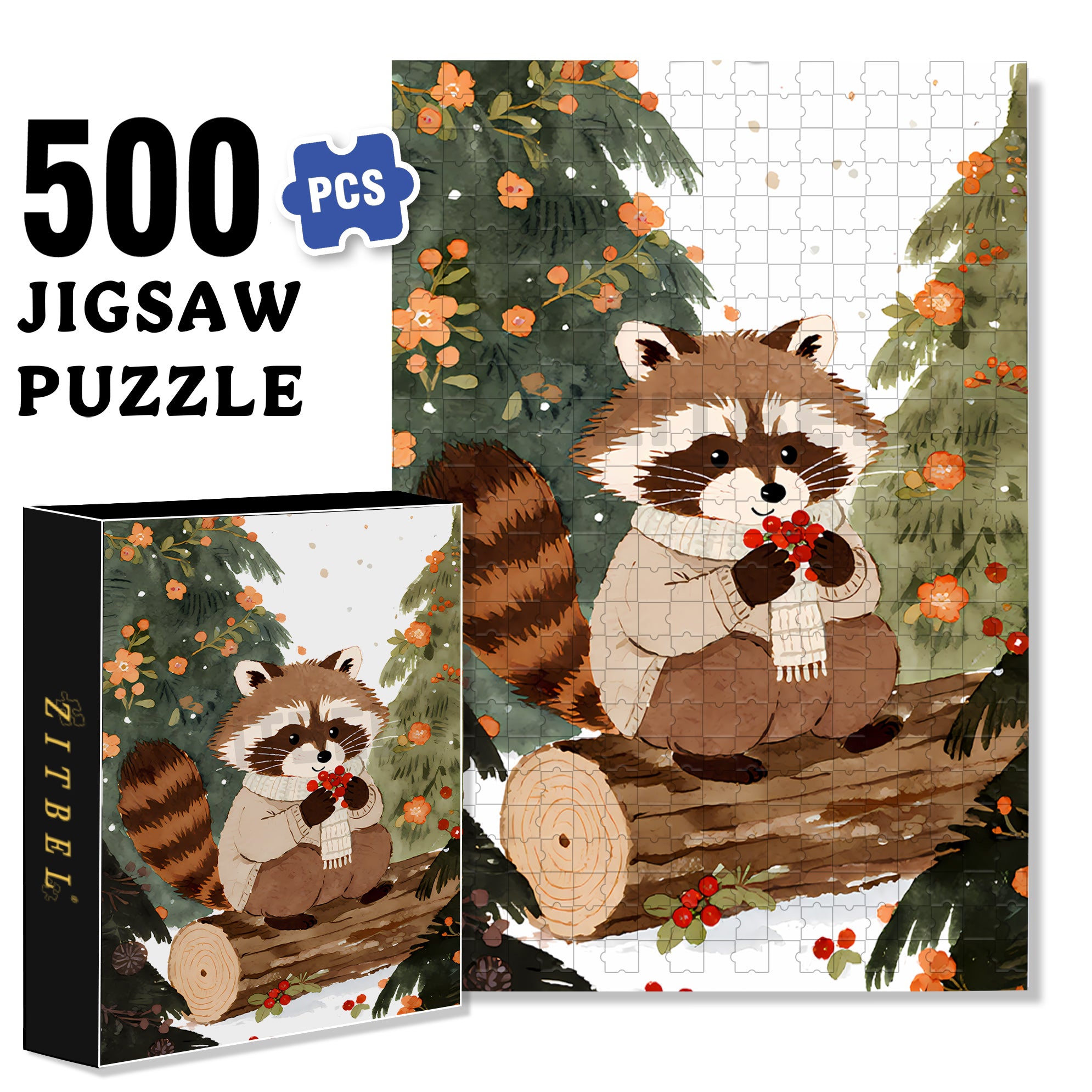 Raccoon Celebrates Christmas 500pcs/1000pcs Jigsaw Puzzle, Scratch-Resistant, Interactive Family Game & Brain-Boosting DIY Decor, Perfect for Halloween, Christmas & New Year Gifts, Family Puzzle Game