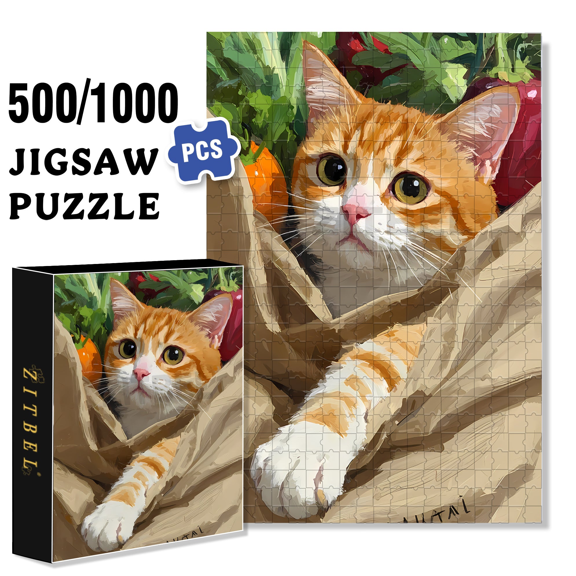 The Cat In The Paper Bag 500pcs/1000pcs Jigsaw Puzzle, Scratch-Resistant, Interactive Family Game & Brain-Boosting DIY Decor, Perfect for Halloween, Christmas & New Year Gifts, Family Puzzle Game