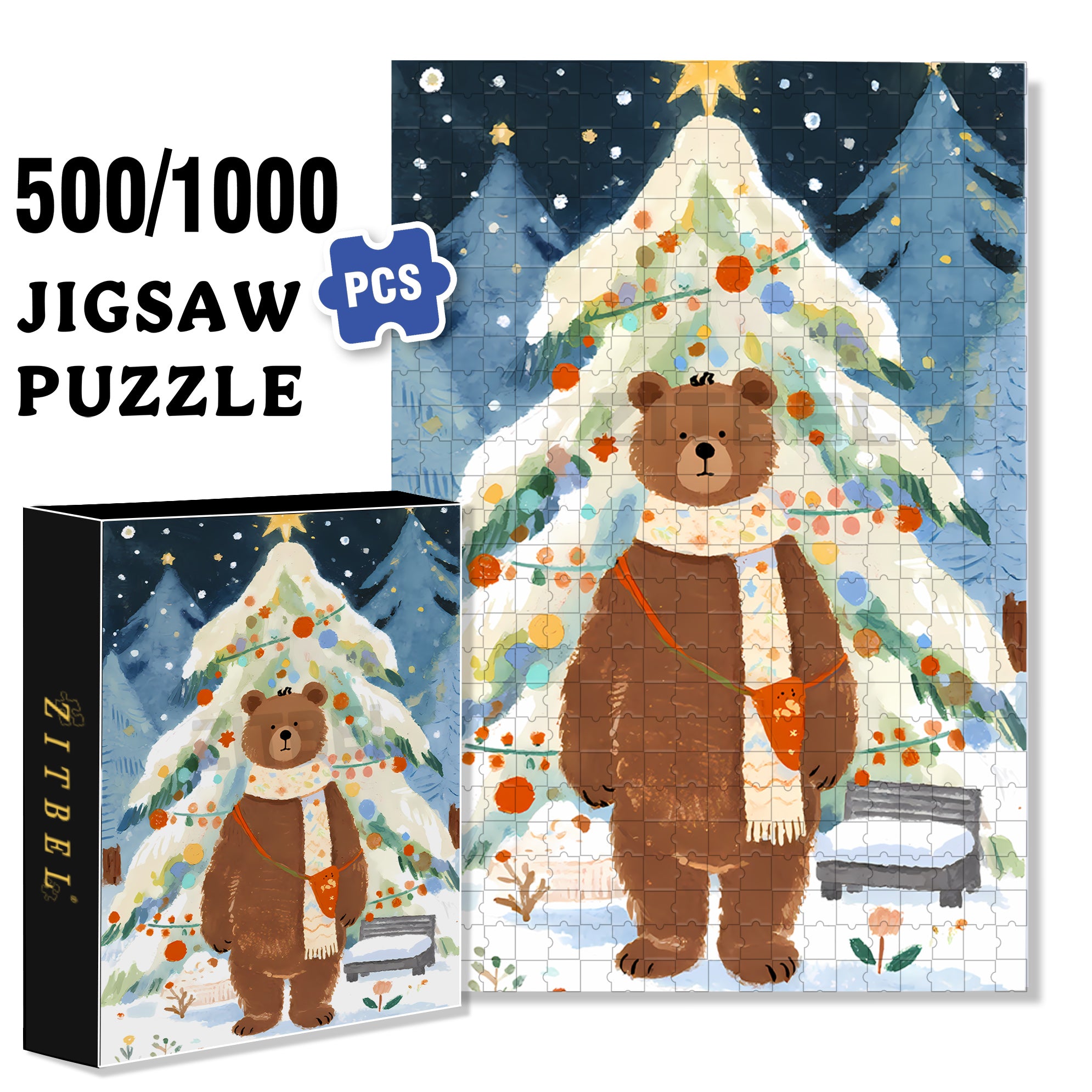 The Christmas Of The Little Bear 500pcs/1000pcs Jigsaw Puzzle, Scratch-Resistant, Interactive Family Game & Brain-Boosting DIY Decor, Perfect for Halloween, Christmas & New Year Gifts, Family Puzzle Game