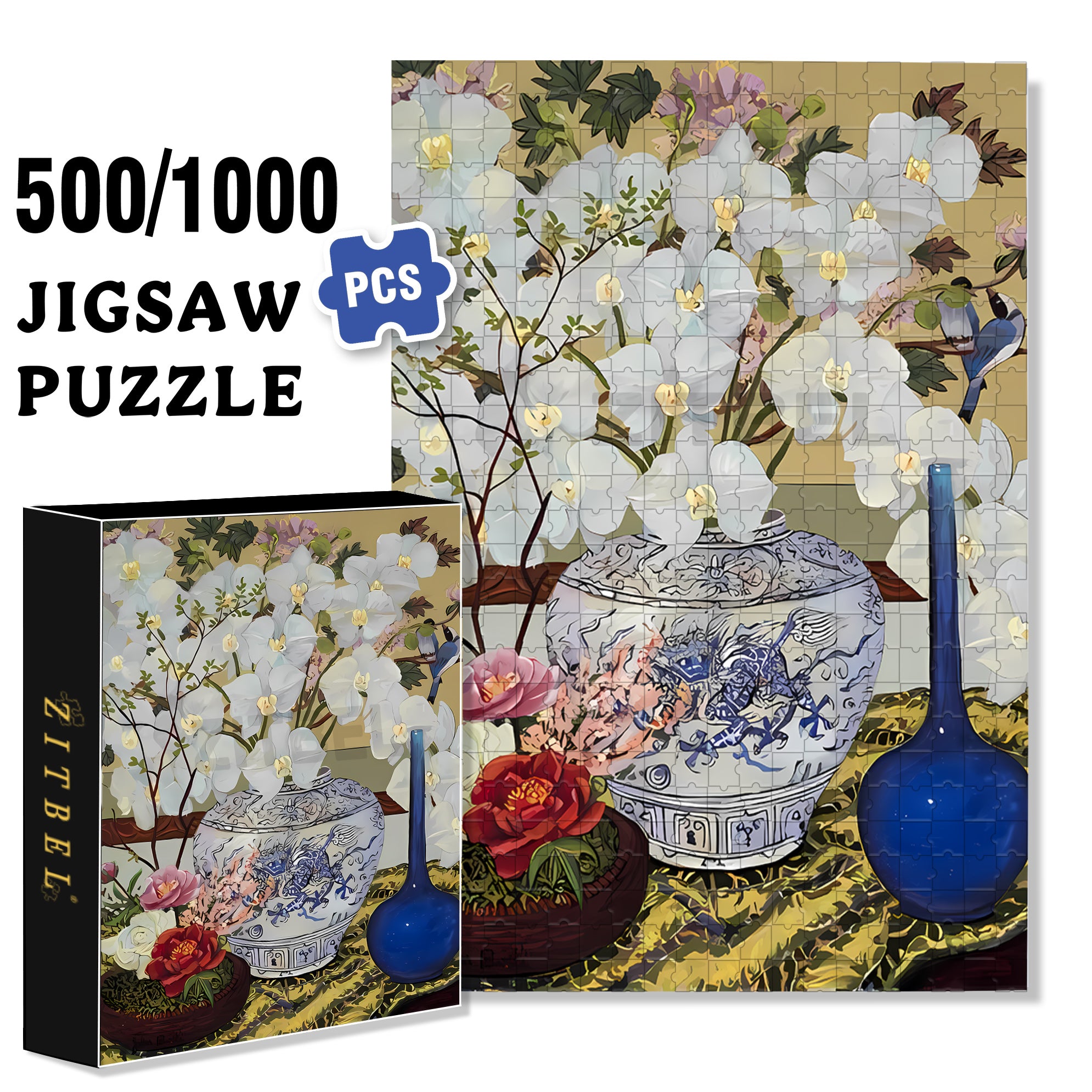 White Phalaenopsis Orchid 500pcs/1000pcs Jigsaw Puzzle, Scratch-Resistant, Interactive Family Game & Brain-Boosting DIY Decor, Perfect for Halloween, Christmas & New Year Gifts, Family Puzzle Game