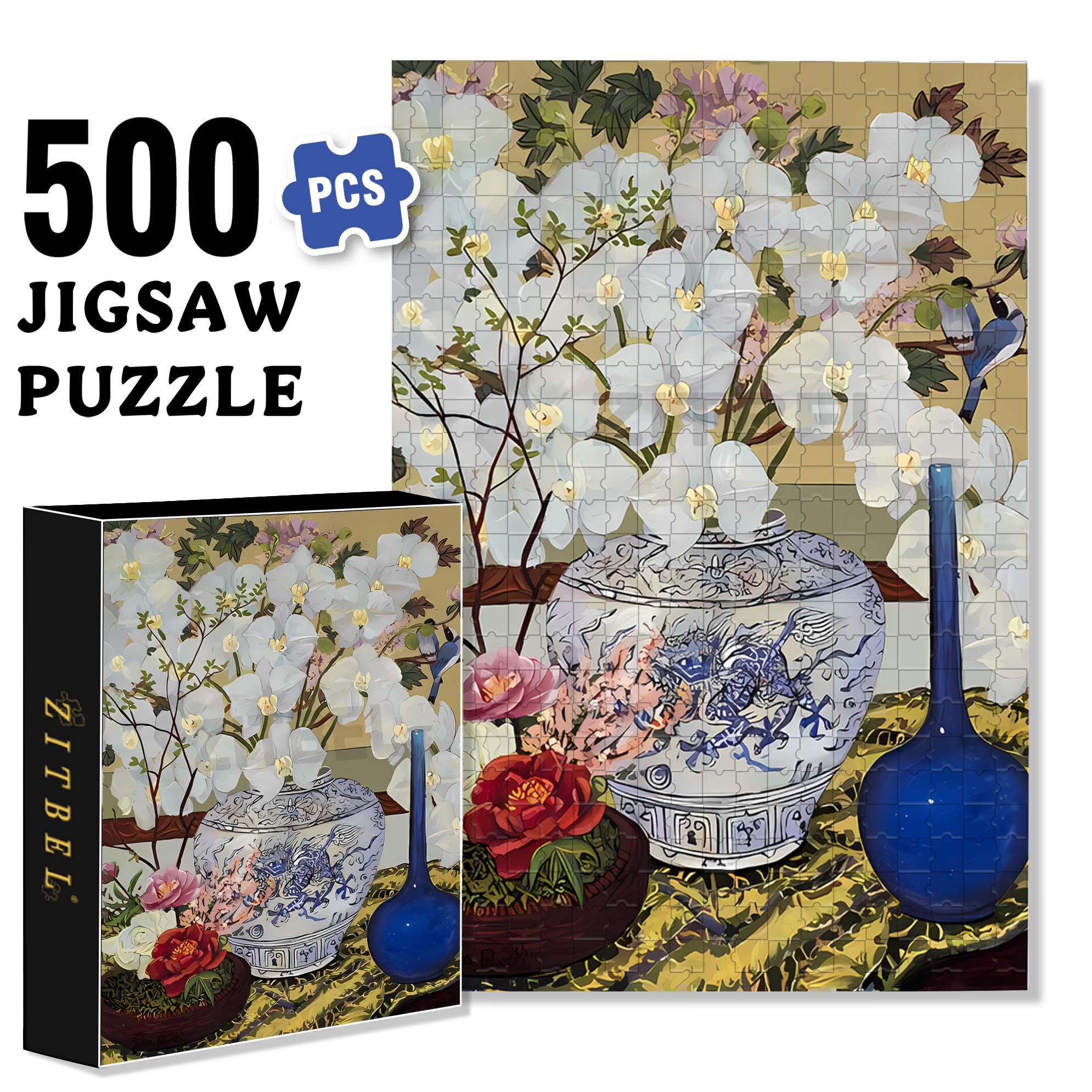 White Phalaenopsis Orchid 500pcs/1000pcs Jigsaw Puzzle, Scratch-Resistant, Interactive Family Game & Brain-Boosting DIY Decor, Perfect for Halloween, Christmas & New Year Gifts, Family Puzzle Game