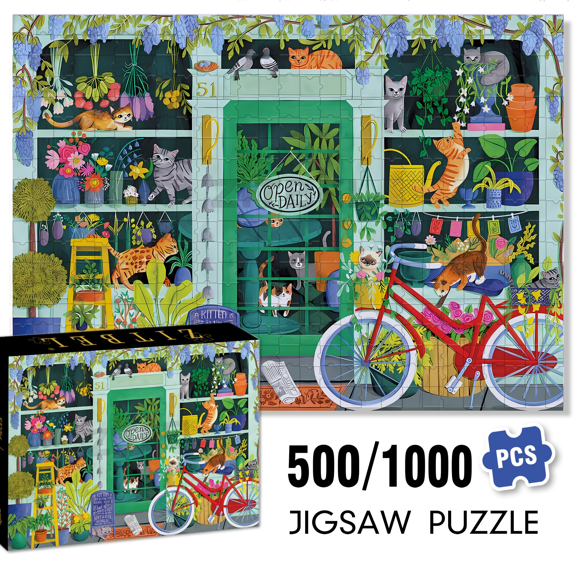 Cat Flowers 500pcs/1000pcs Jigsaw Puzzle, Scratch-Resistant, Interactive Family Game & Brain-Boosting DIY Decor, Perfect for Halloween, Christmas & New Year Gifts, Family Puzzle Game