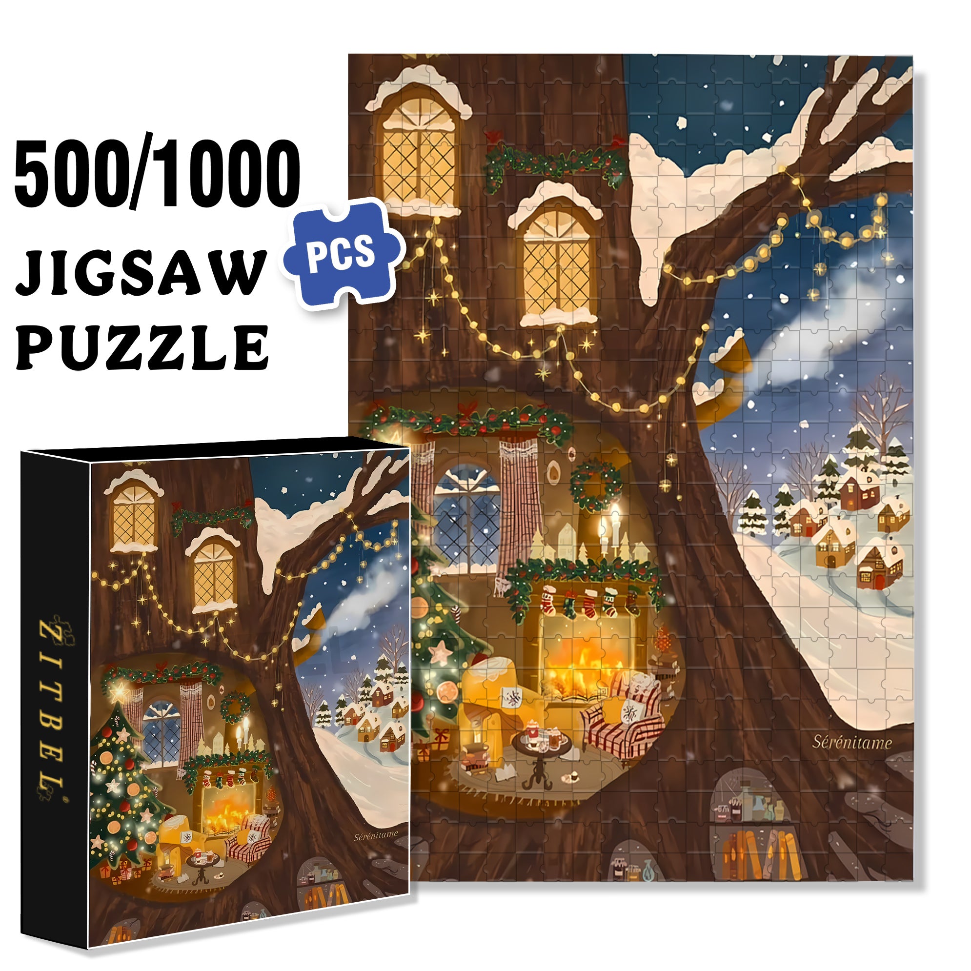 Christmas Tree House 500pcs/1000pcs Jigsaw Puzzle, Scratch-Resistant, Interactive Family Game & Brain-Boosting DIY Decor, Perfect for Halloween, Christmas & New Year Gifts, Family Puzzle Game