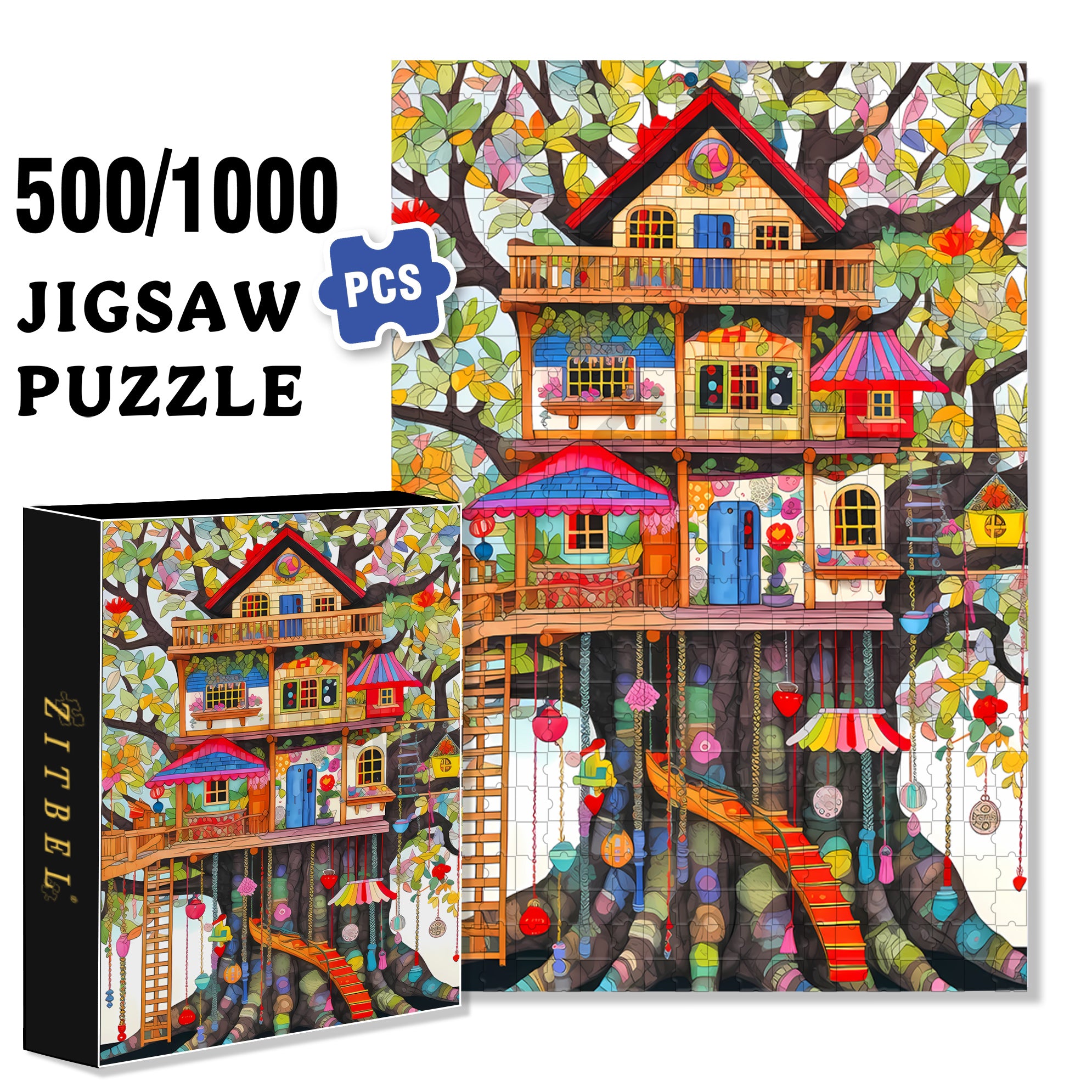Colorful Treehouse 500pcs/1000pcs Jigsaw Puzzle, Scratch-Resistant, Interactive Family Game & Brain-Boosting DIY Decor, Perfect for Halloween, Christmas & New Year Gifts, Family Puzzle Game
