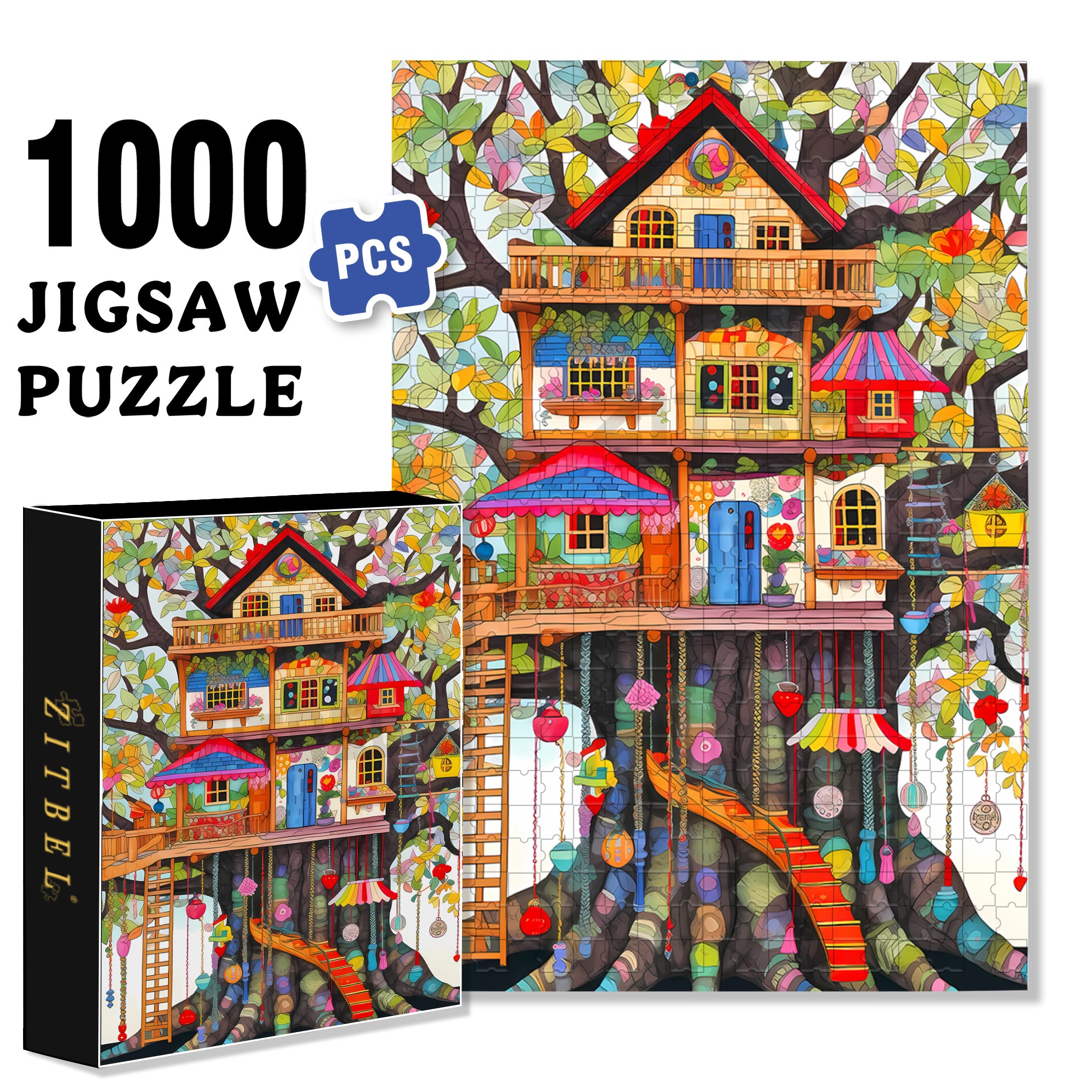 Colorful Treehouse 500pcs/1000pcs Jigsaw Puzzle, Scratch-Resistant, Interactive Family Game & Brain-Boosting DIY Decor, Perfect for Halloween, Christmas & New Year Gifts, Family Puzzle Game