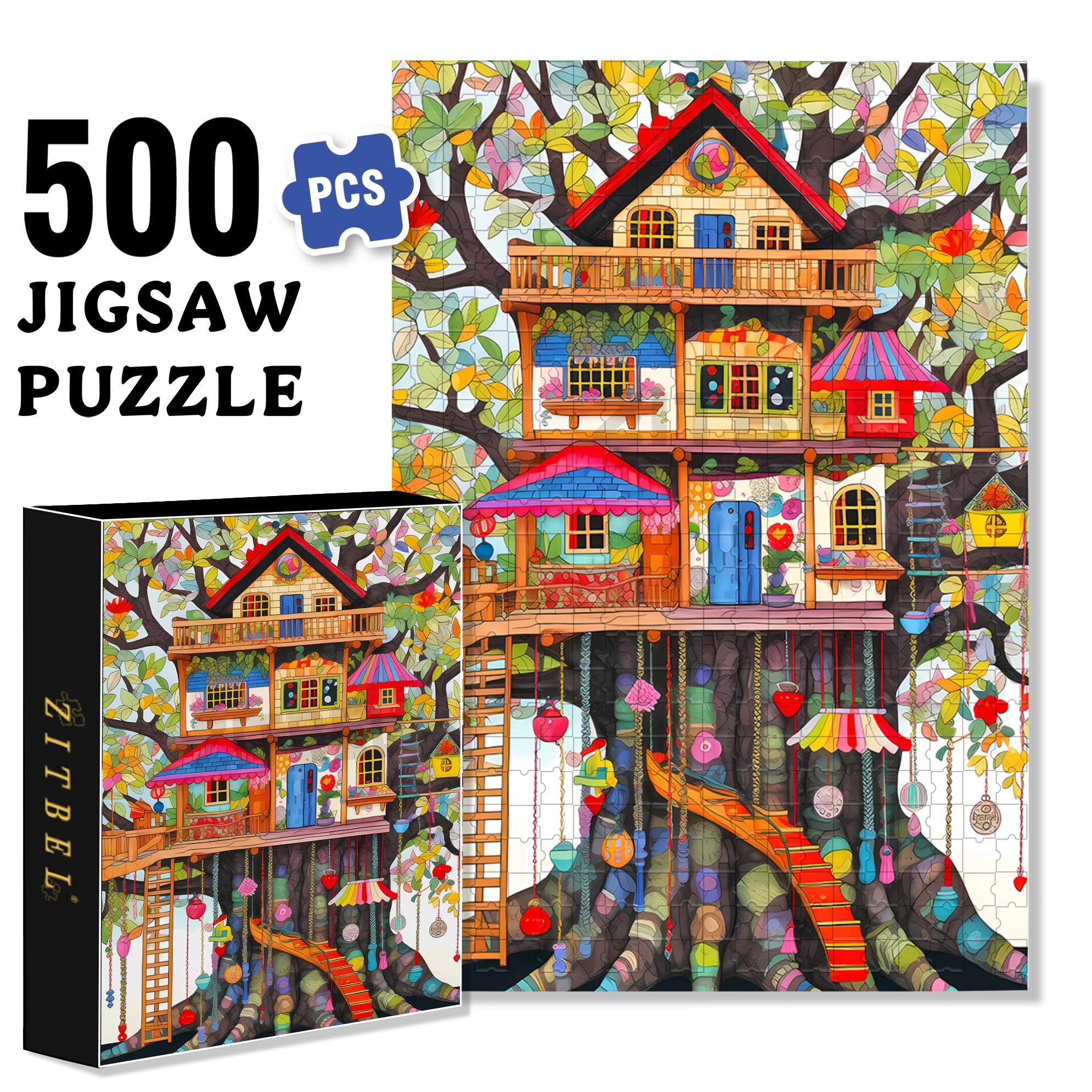 Colorful Treehouse 500pcs/1000pcs Jigsaw Puzzle, Scratch-Resistant, Interactive Family Game & Brain-Boosting DIY Decor, Perfect for Halloween, Christmas & New Year Gifts, Family Puzzle Game