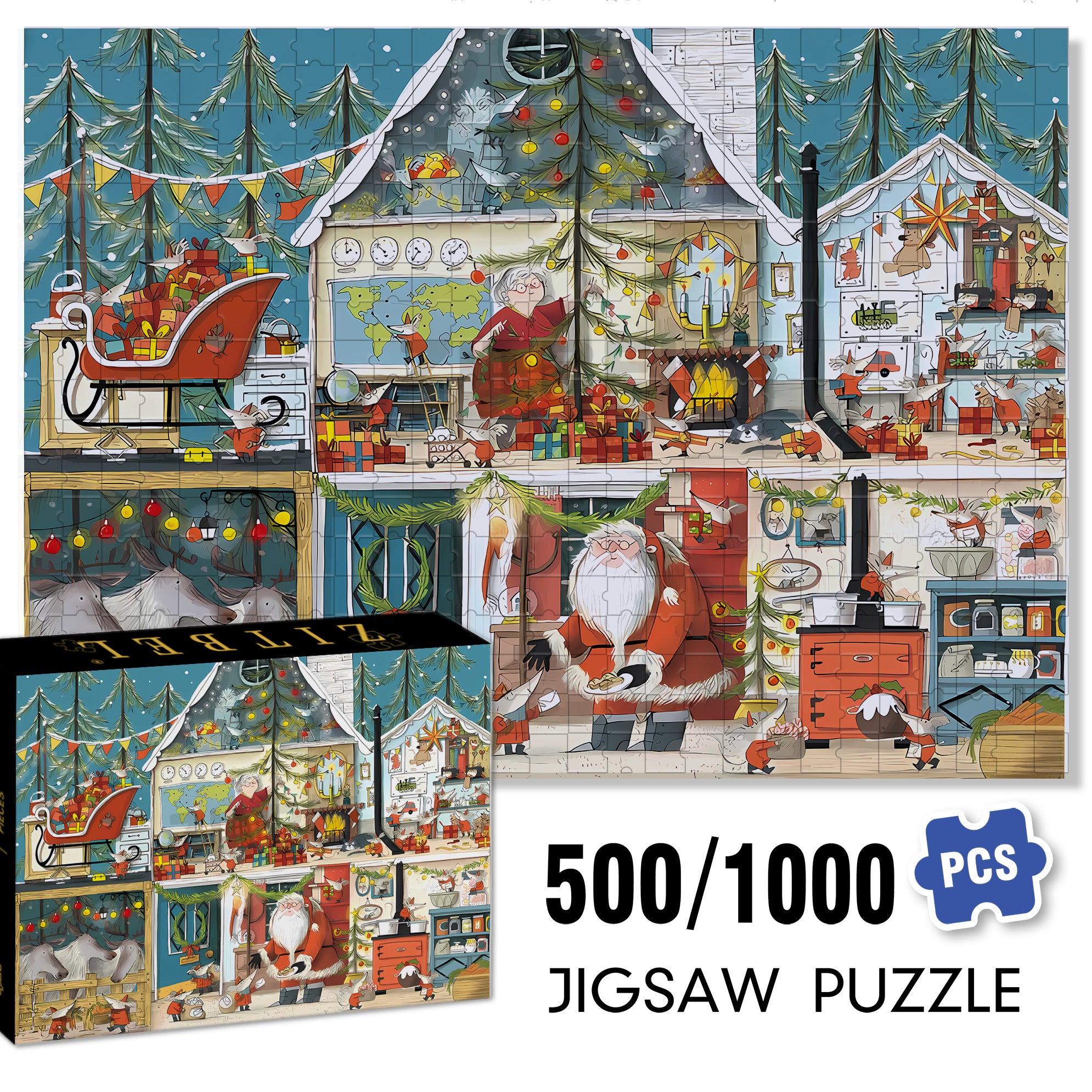 On Christmas Day 500pcs/1000pcs Jigsaw Puzzle, Scratch-Resistant, Interactive Family Game & Brain-Boosting DIY Decor, Perfect for Halloween, Christmas & New Year Gifts, Family Puzzle Game
