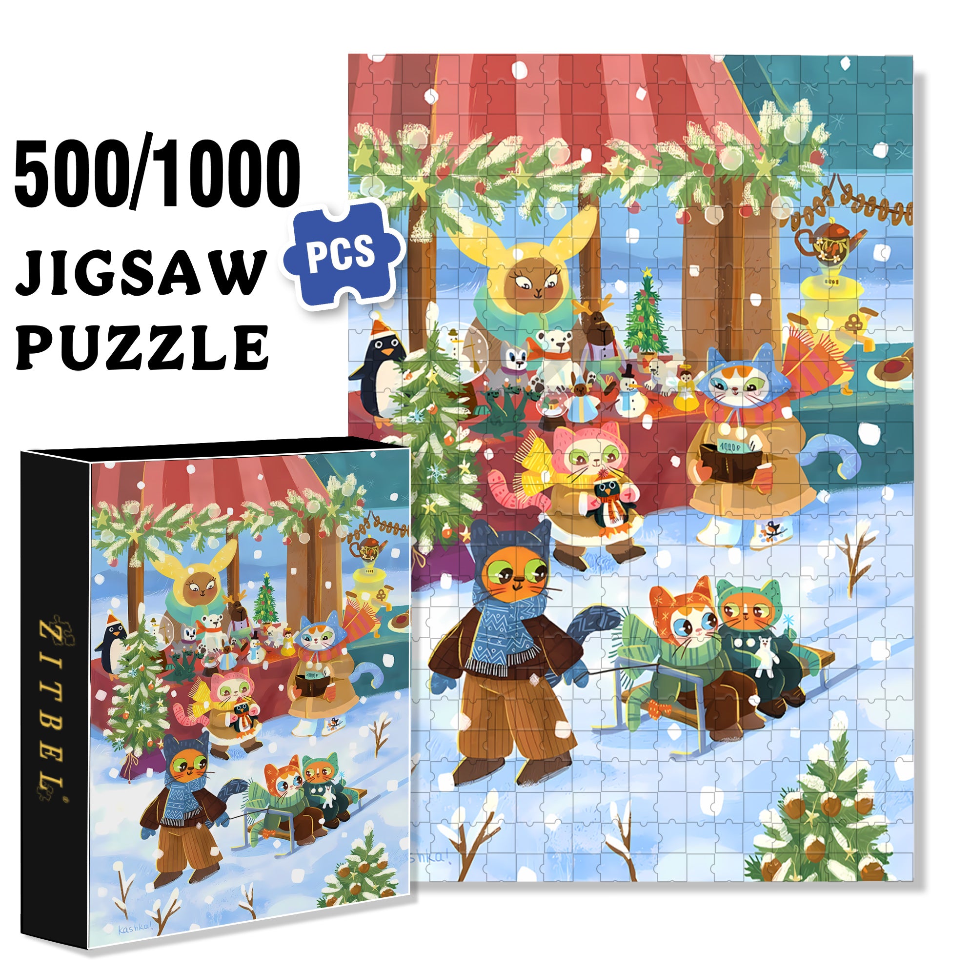 The Cat Celebrates Christmas 500pcs/1000pcs Jigsaw Puzzle, Scratch-Resistant, Interactive Family Game & Brain-Boosting DIY Decor, Perfect for Halloween, Christmas & New Year Gifts, Family Puzzle Game