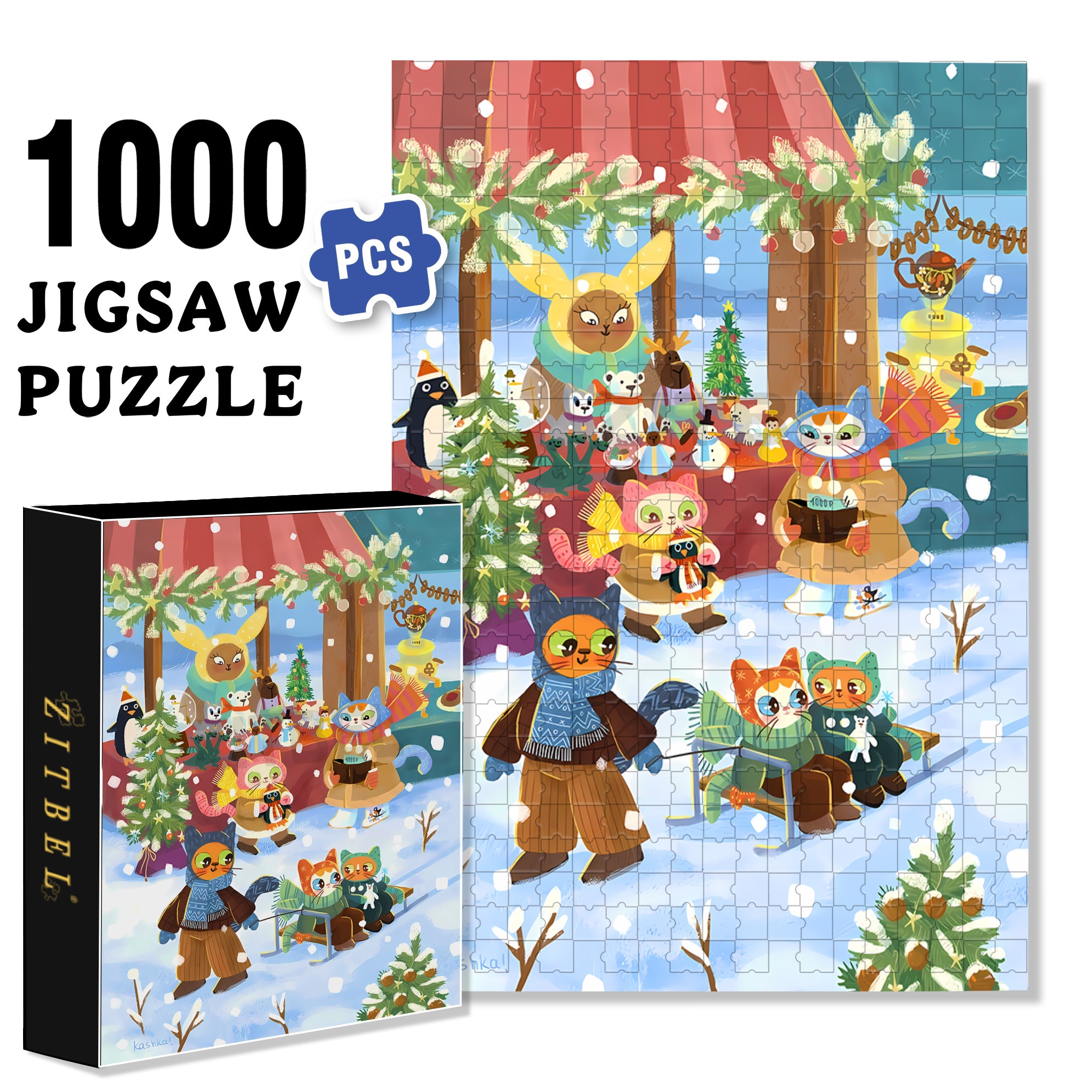 The Cat Celebrates Christmas 500pcs/1000pcs Jigsaw Puzzle, Scratch-Resistant, Interactive Family Game & Brain-Boosting DIY Decor, Perfect for Halloween, Christmas & New Year Gifts, Family Puzzle Game