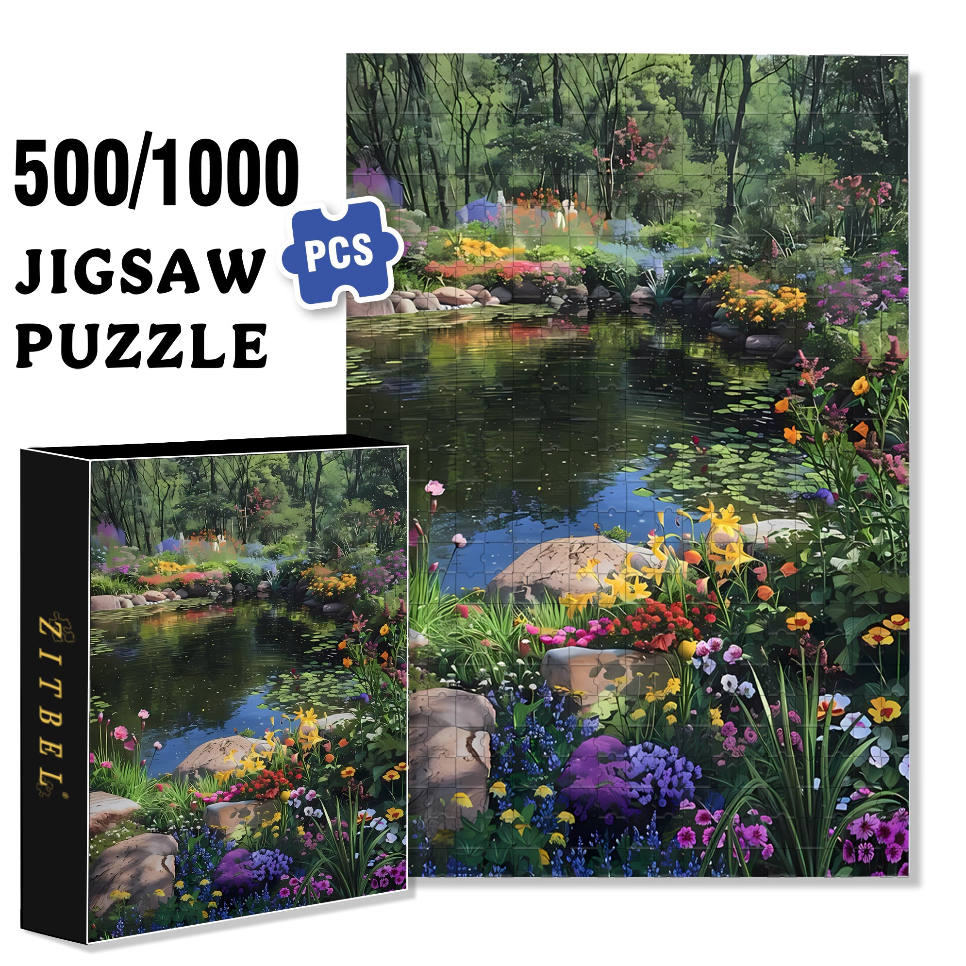 The Pond In Spring 500pcs/1000pcs Jigsaw Puzzle, Scratch-Resistant, Interactive Family Game & Brain-Boosting DIY Decor, Perfect for Halloween, Christmas & New Year Gifts, Family Puzzle Game