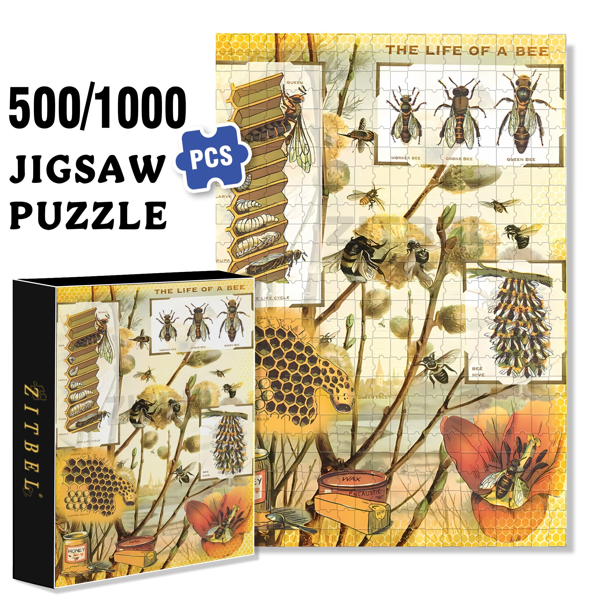 Bee 500pcs/1000pcs Jigsaw Puzzle, Scratch-Resistant, Interactive Family Game & Brain-Boosting DIY Decor, Perfect for Halloween, Christmas & New Year Gifts, Family Puzzle Game