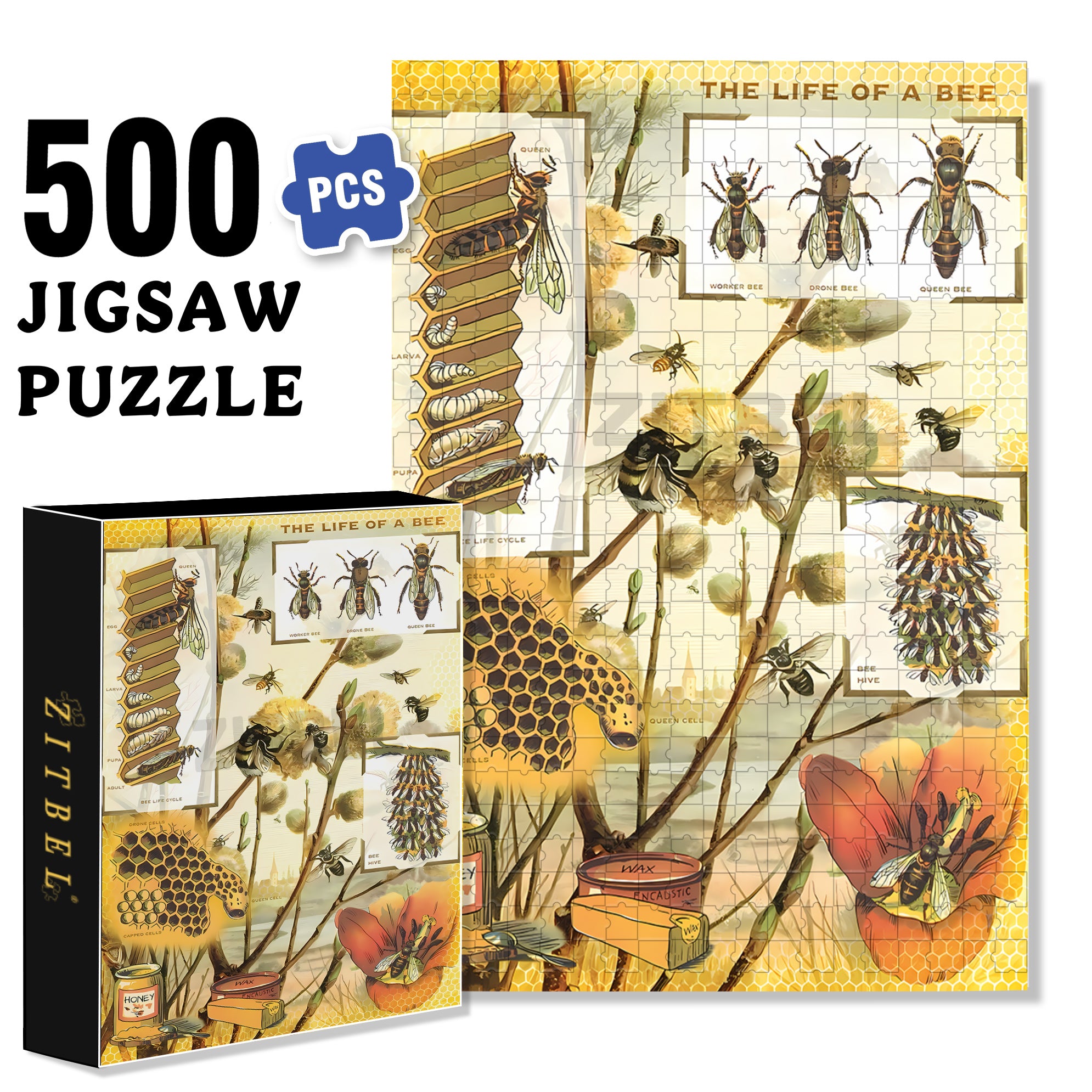 Bee 500pcs/1000pcs Jigsaw Puzzle, Scratch-Resistant, Interactive Family Game & Brain-Boosting DIY Decor, Perfect for Halloween, Christmas & New Year Gifts, Family Puzzle Game