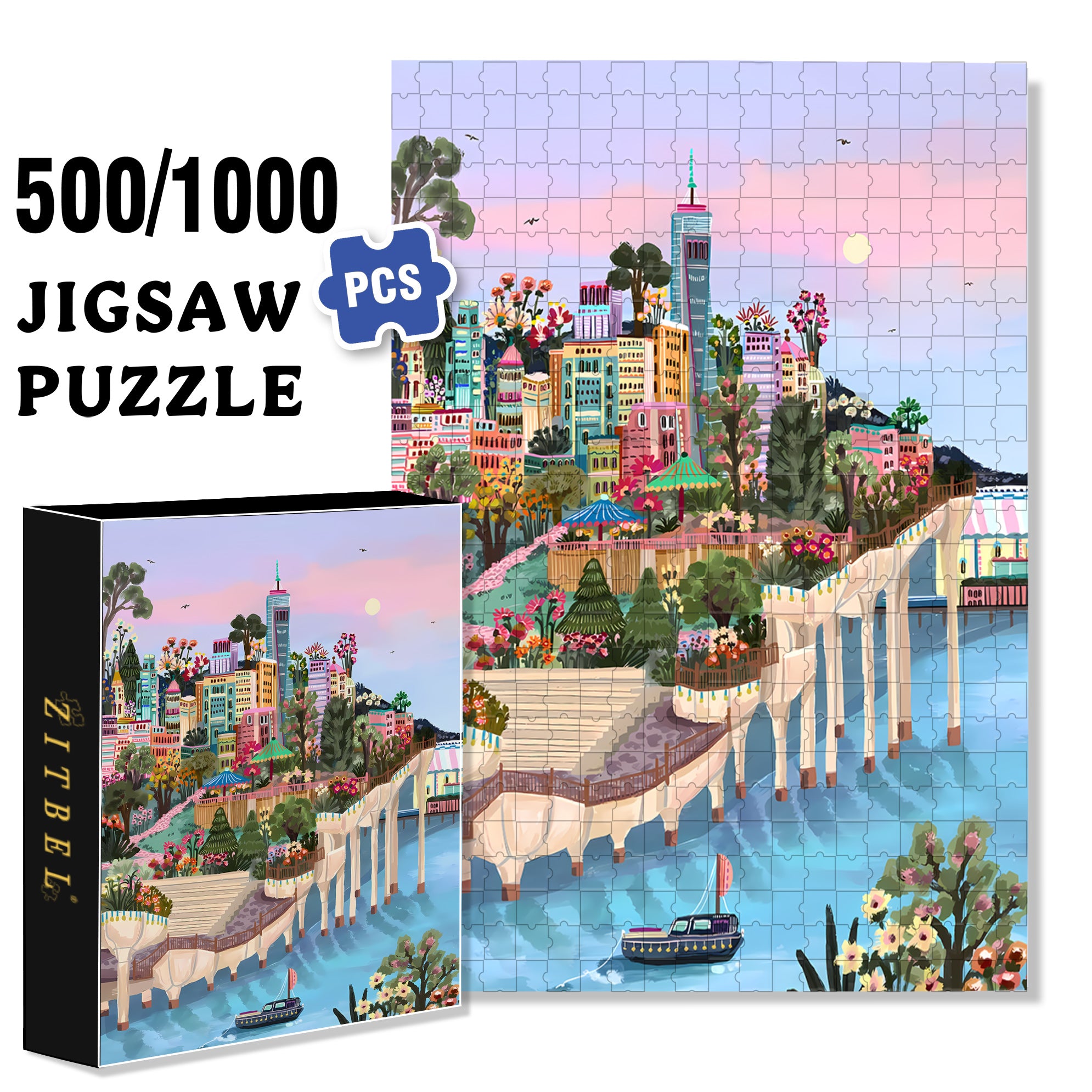 Sunset By The River 500pcs/1000pcs Jigsaw Puzzle, Scratch-Resistant, Interactive Family Game & Brain-Boosting DIY Decor, Perfect for Halloween, Christmas & New Year Gifts, Family Puzzle Game