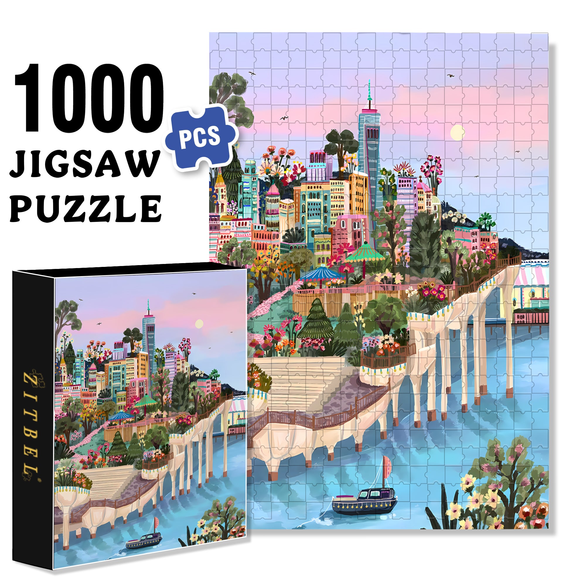 Sunset By The River 500pcs/1000pcs Jigsaw Puzzle, Scratch-Resistant, Interactive Family Game & Brain-Boosting DIY Decor, Perfect for Halloween, Christmas & New Year Gifts, Family Puzzle Game