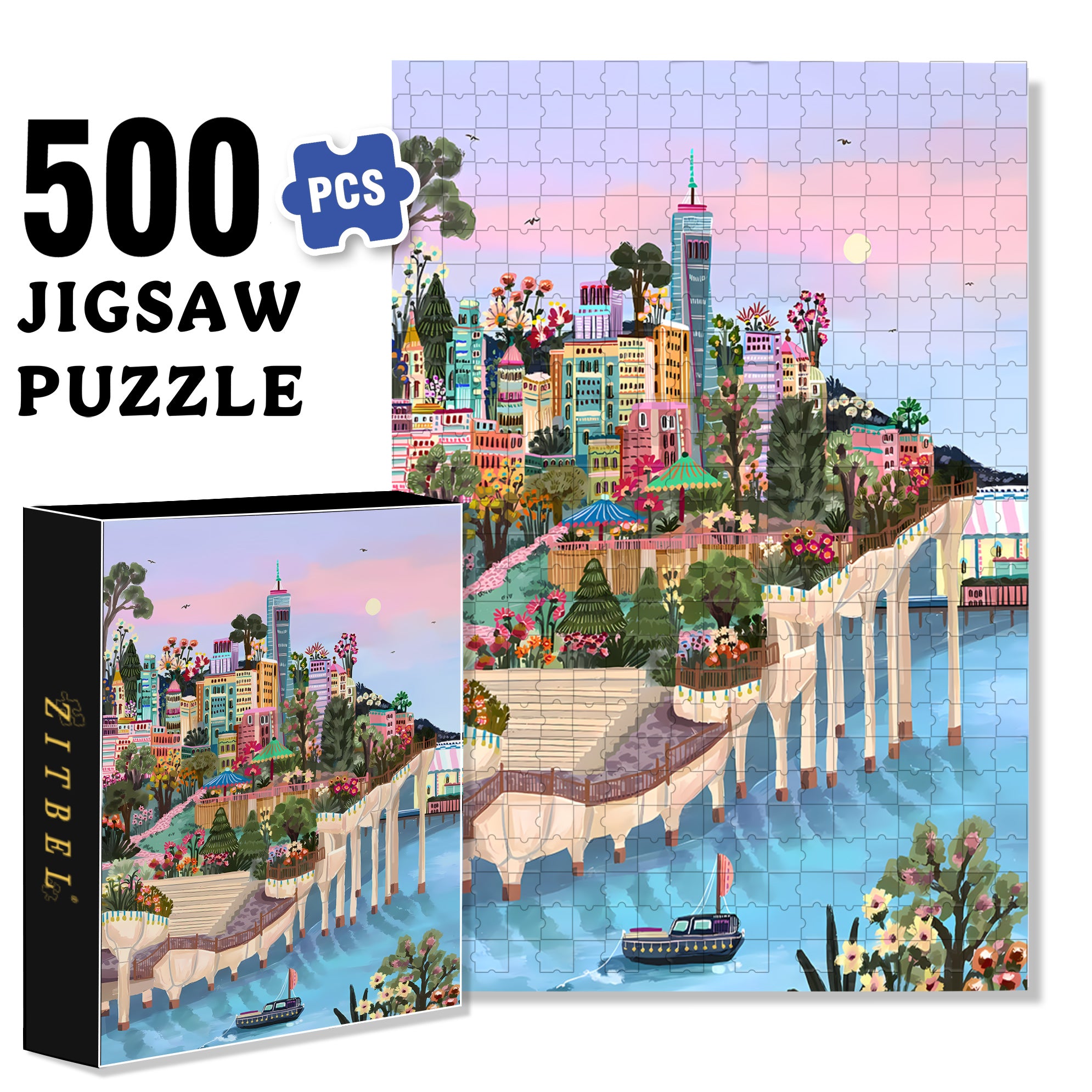 Sunset By The River 500pcs/1000pcs Jigsaw Puzzle, Scratch-Resistant, Interactive Family Game & Brain-Boosting DIY Decor, Perfect for Halloween, Christmas & New Year Gifts, Family Puzzle Game