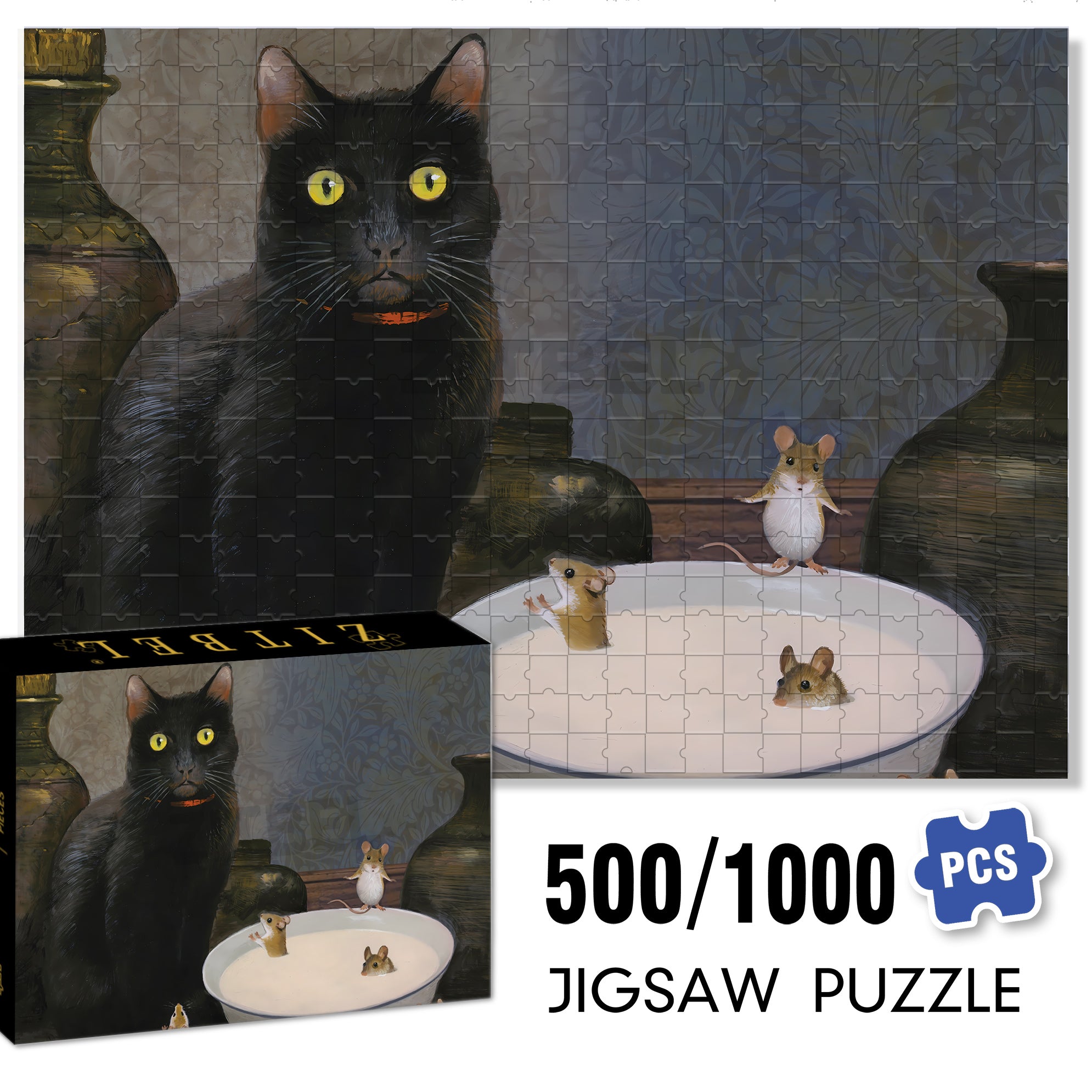 Cat and Mouse 500pcs/1000pcs Jigsaw Puzzle, Scratch-Resistant, Interactive Family Game & Brain-Boosting DIY Decor, Perfect for Halloween, Christmas & New Year Gifts, Family Puzzle Game