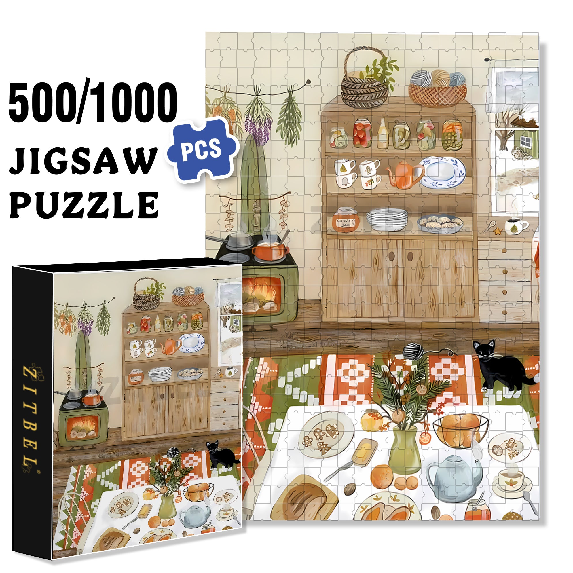 Cooking 500pcs/1000pcs Jigsaw Puzzle, Scratch-Resistant, Interactive Family Game & Brain-Boosting DIY Decor, Perfect for Halloween, Christmas & New Year Gifts, Family Puzzle Game