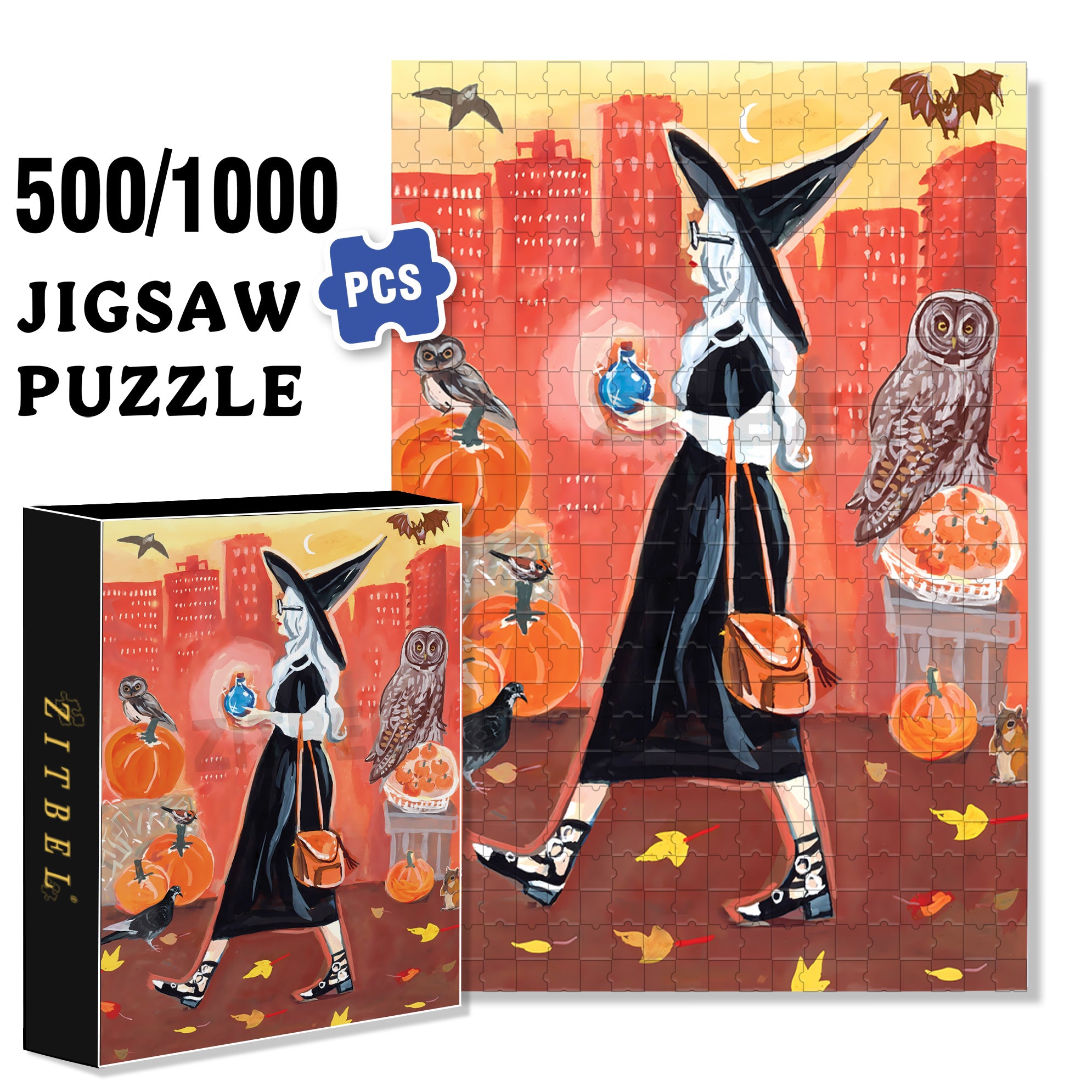 Fashionable Witch 500pcs/1000pcs Jigsaw Puzzle, Scratch-Resistant, Interactive Family Game & Brain-Boosting DIY Decor, Perfect for Halloween, Christmas & New Year Gifts, Family Puzzle Game