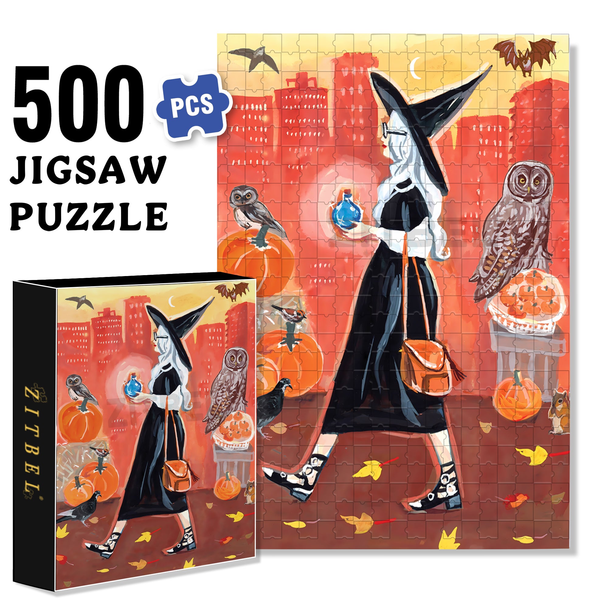 Fashionable Witch 500pcs/1000pcs Jigsaw Puzzle, Scratch-Resistant, Interactive Family Game & Brain-Boosting DIY Decor, Perfect for Halloween, Christmas & New Year Gifts, Family Puzzle Game