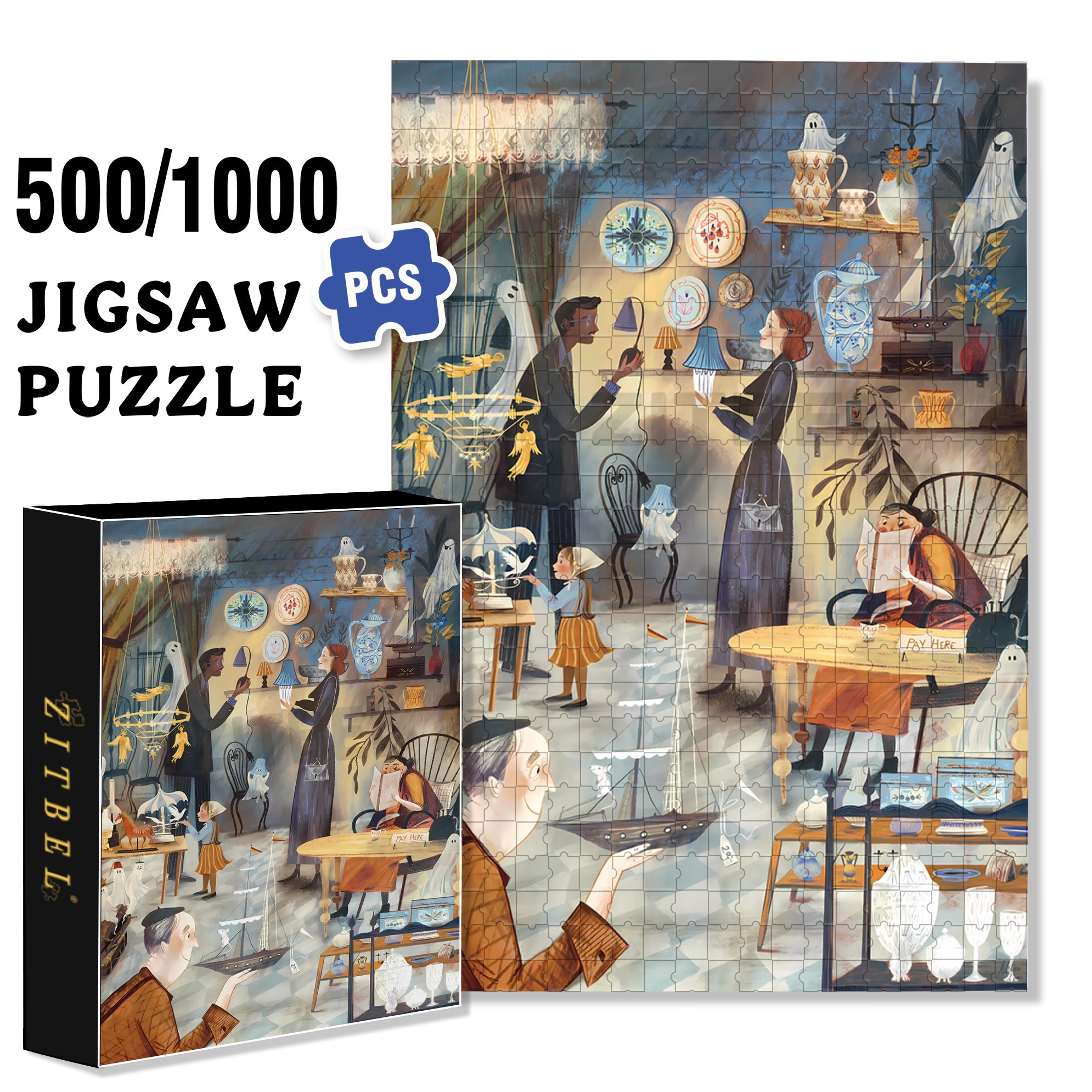 Ghost Furniture Store 500pcs/1000pcs Jigsaw Puzzle, Scratch-Resistant, Interactive Family Game & Brain-Boosting DIY Decor, Perfect for Halloween, Christmas & New Year Gifts, Family Puzzle Game