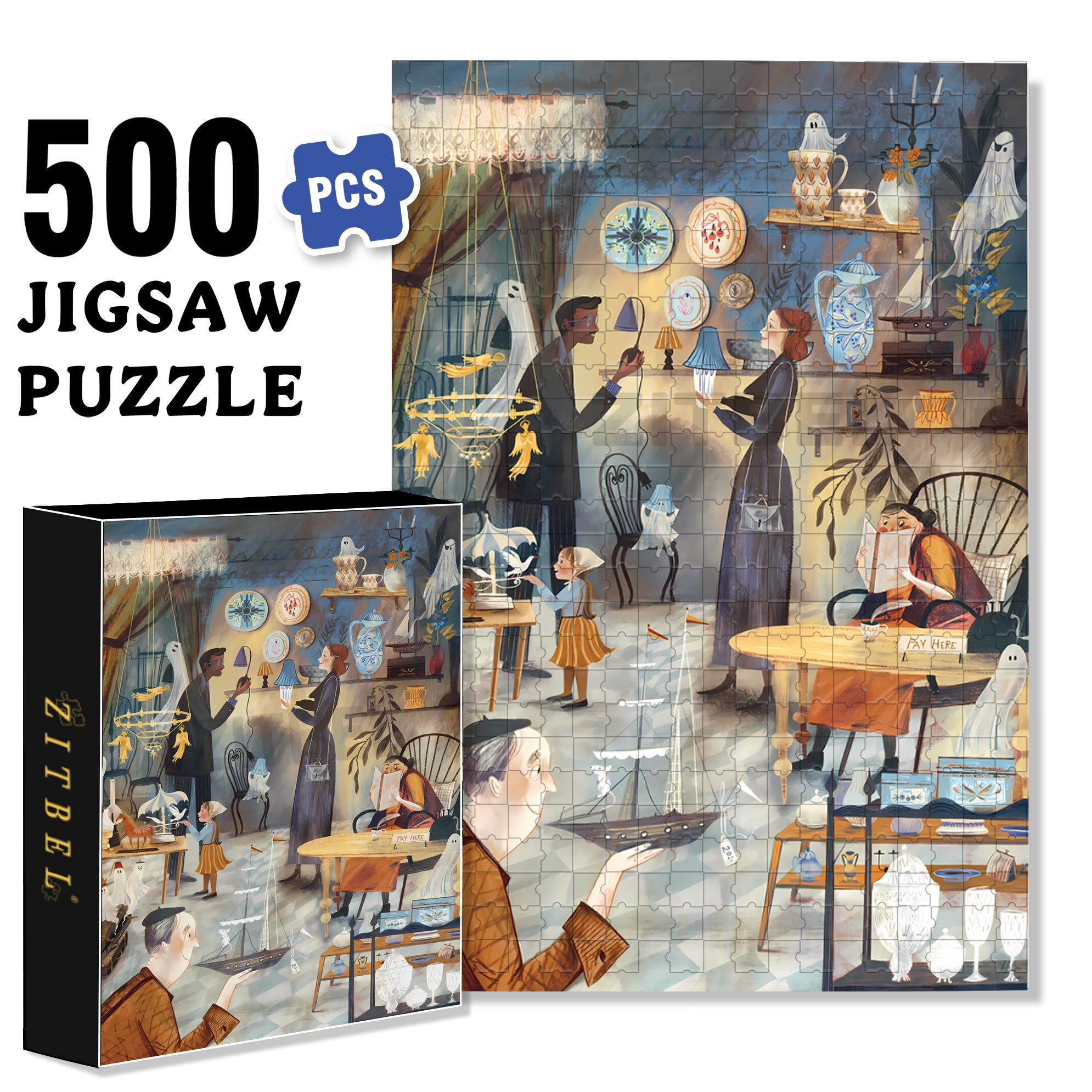 Ghost Furniture Store 500pcs/1000pcs Jigsaw Puzzle, Scratch-Resistant, Interactive Family Game & Brain-Boosting DIY Decor, Perfect for Halloween, Christmas & New Year Gifts, Family Puzzle Game