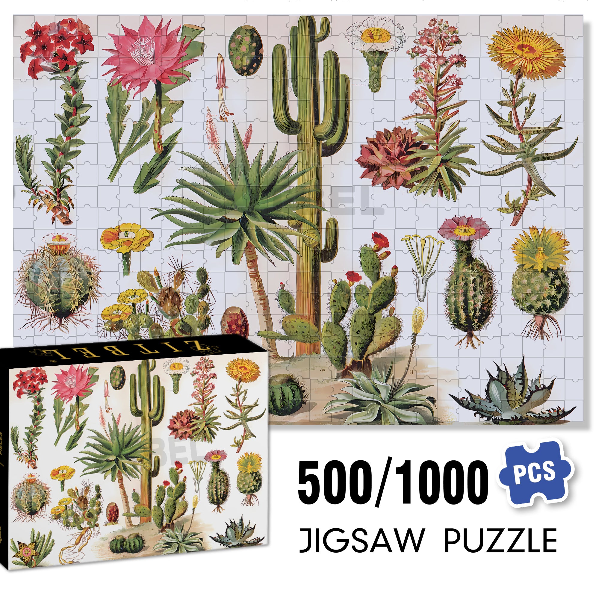 All Kinds Of Cacti 500pcs/1000pcs Jigsaw Puzzle, Scratch-Resistant, Interactive Family Game & Brain-Boosting DIY Decor, Perfect for Halloween, Christmas & New Year Gifts, Family Puzzle Game