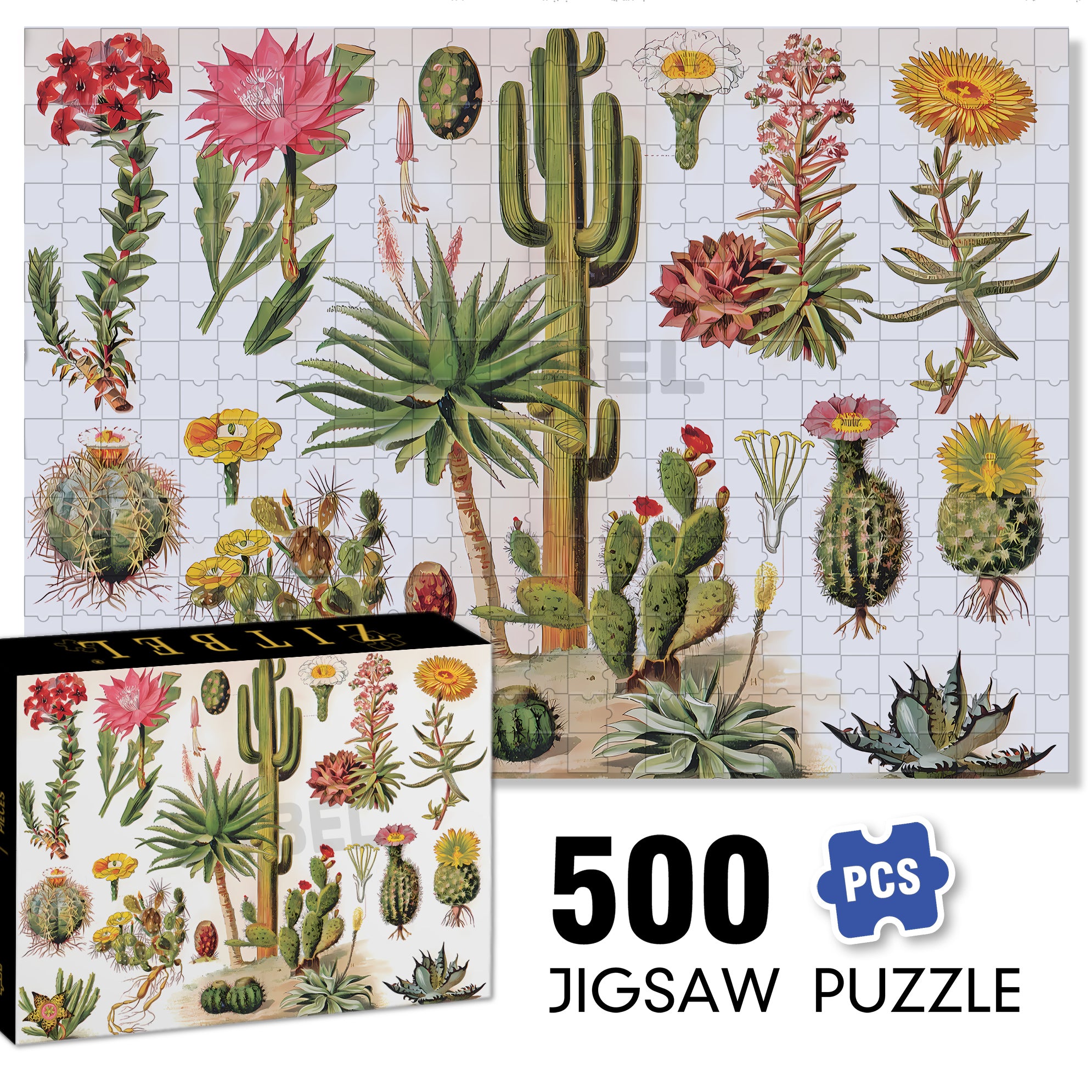 All Kinds Of Cacti 500pcs/1000pcs Jigsaw Puzzle, Scratch-Resistant, Interactive Family Game & Brain-Boosting DIY Decor, Perfect for Halloween, Christmas & New Year Gifts, Family Puzzle Game