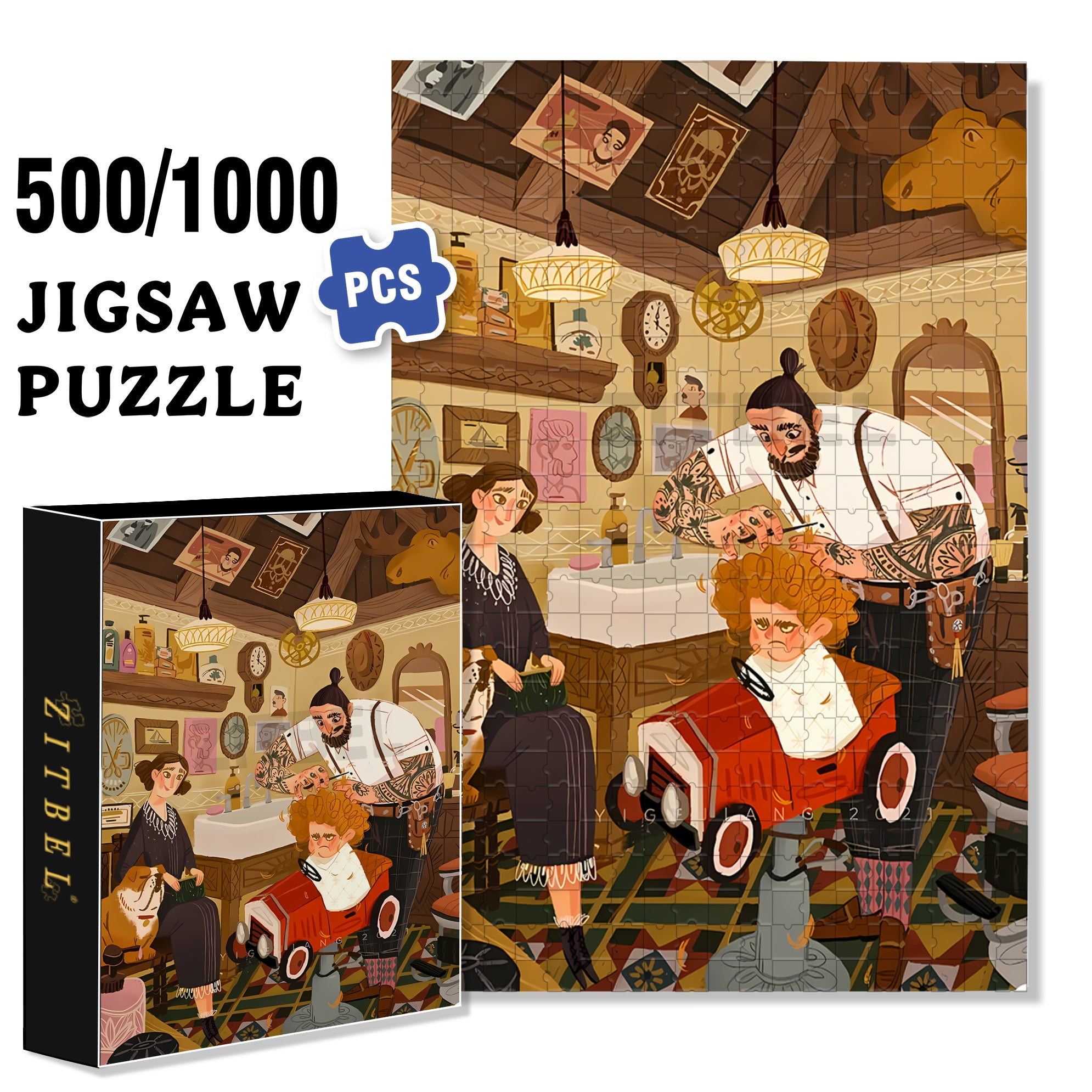 Barber 500pcs/1000pcs Jigsaw Puzzle, Scratch-Resistant, Interactive Family Game & Brain-Boosting DIY Decor, Perfect for Halloween, Christmas & New Year Gifts, Family Puzzle Game