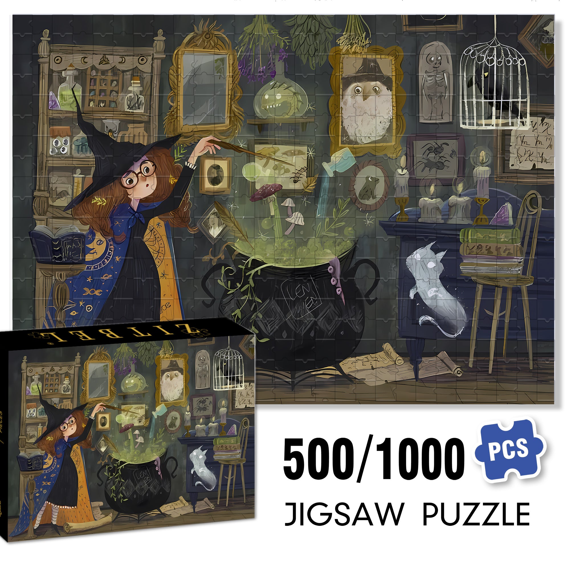 Bewitch 500pcs/1000pcs Jigsaw Puzzle, Scratch-Resistant, Interactive Family Game & Brain-Boosting DIY Decor, Perfect for Halloween, Christmas & New Year Gifts, Family Puzzle Game