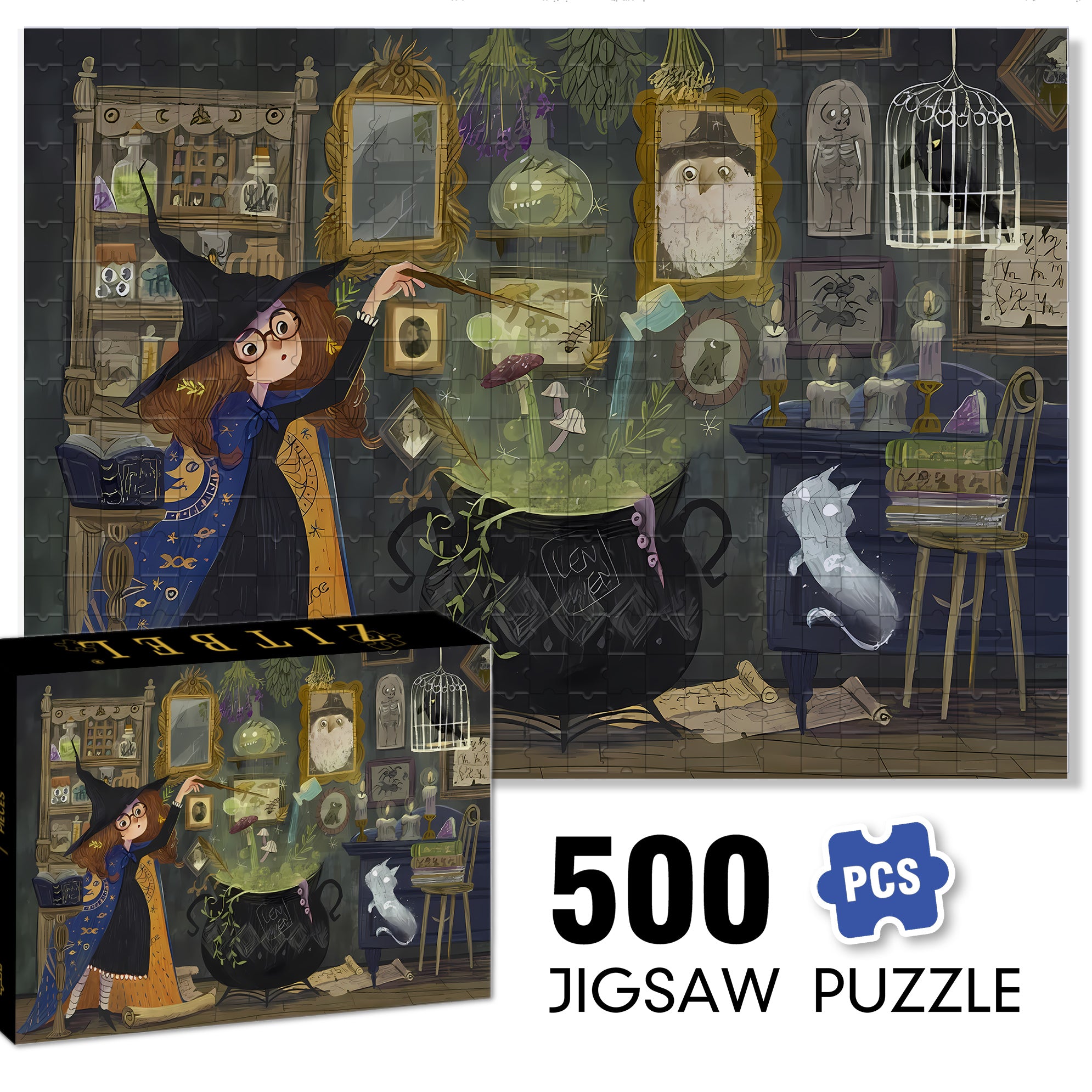 Bewitch 500pcs/1000pcs Jigsaw Puzzle, Scratch-Resistant, Interactive Family Game & Brain-Boosting DIY Decor, Perfect for Halloween, Christmas & New Year Gifts, Family Puzzle Game