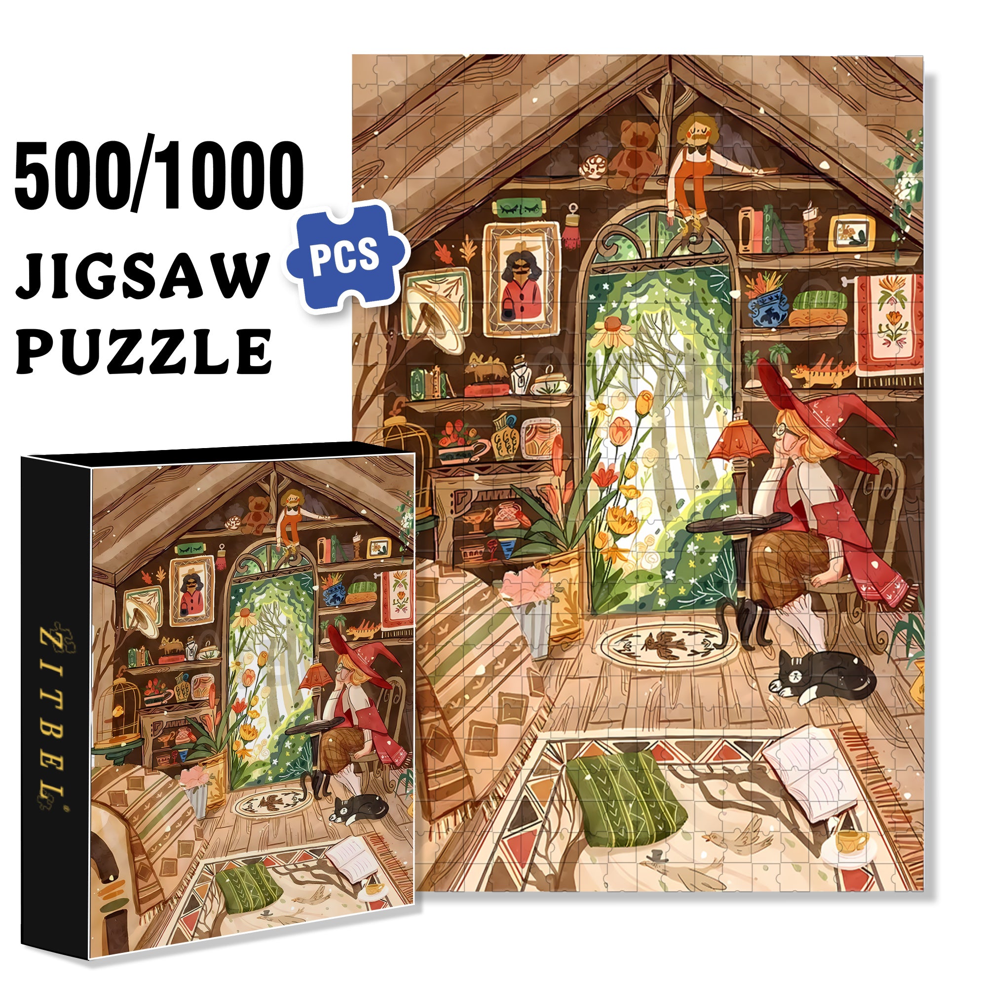 Cartoon Little Girl Witch 500pcs/1000pcs Jigsaw Puzzle, Scratch-Resistant, Interactive Family Game & Brain-Boosting DIY Decor, Perfect for Halloween, Christmas & New Year Gifts, Family Puzzle Game