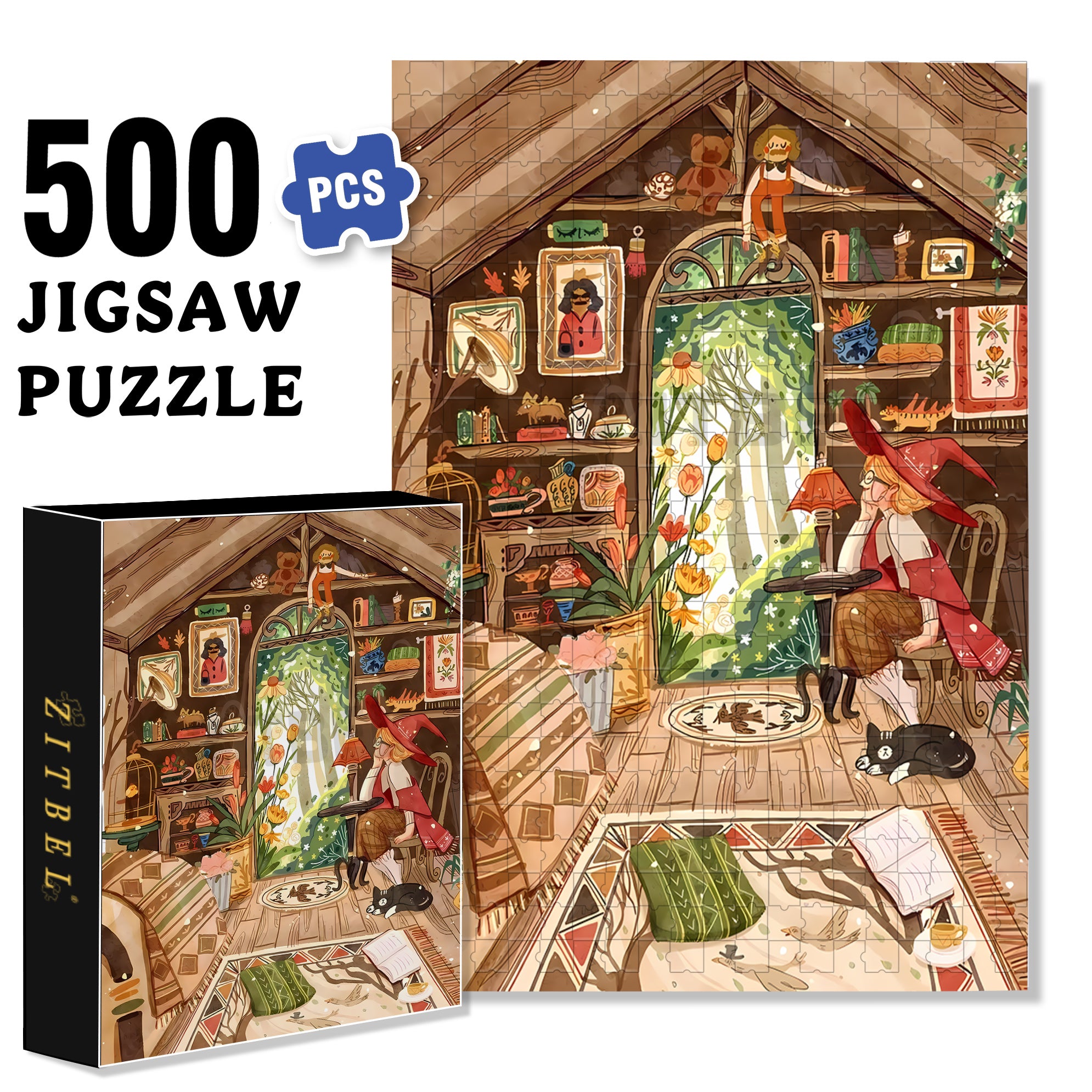 Cartoon Little Girl Witch 500pcs/1000pcs Jigsaw Puzzle, Scratch-Resistant, Interactive Family Game & Brain-Boosting DIY Decor, Perfect for Halloween, Christmas & New Year Gifts, Family Puzzle Game