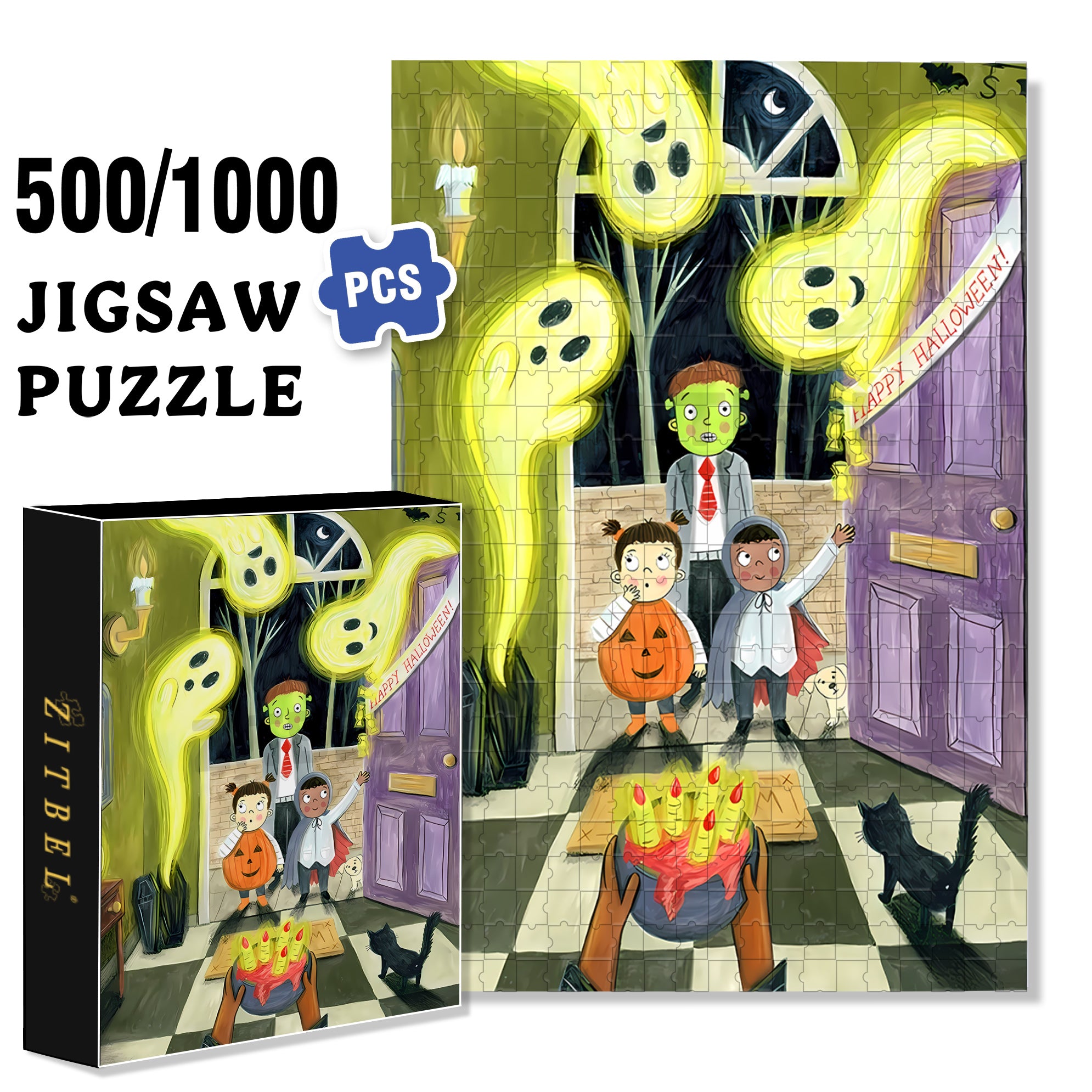 Happy Halloween 500pcs/1000pcs Jigsaw Puzzle, Scratch-Resistant, Interactive Family Game & Brain-Boosting DIY Decor, Perfect for Halloween, Christmas & New Year Gifts, Family Puzzle Game
