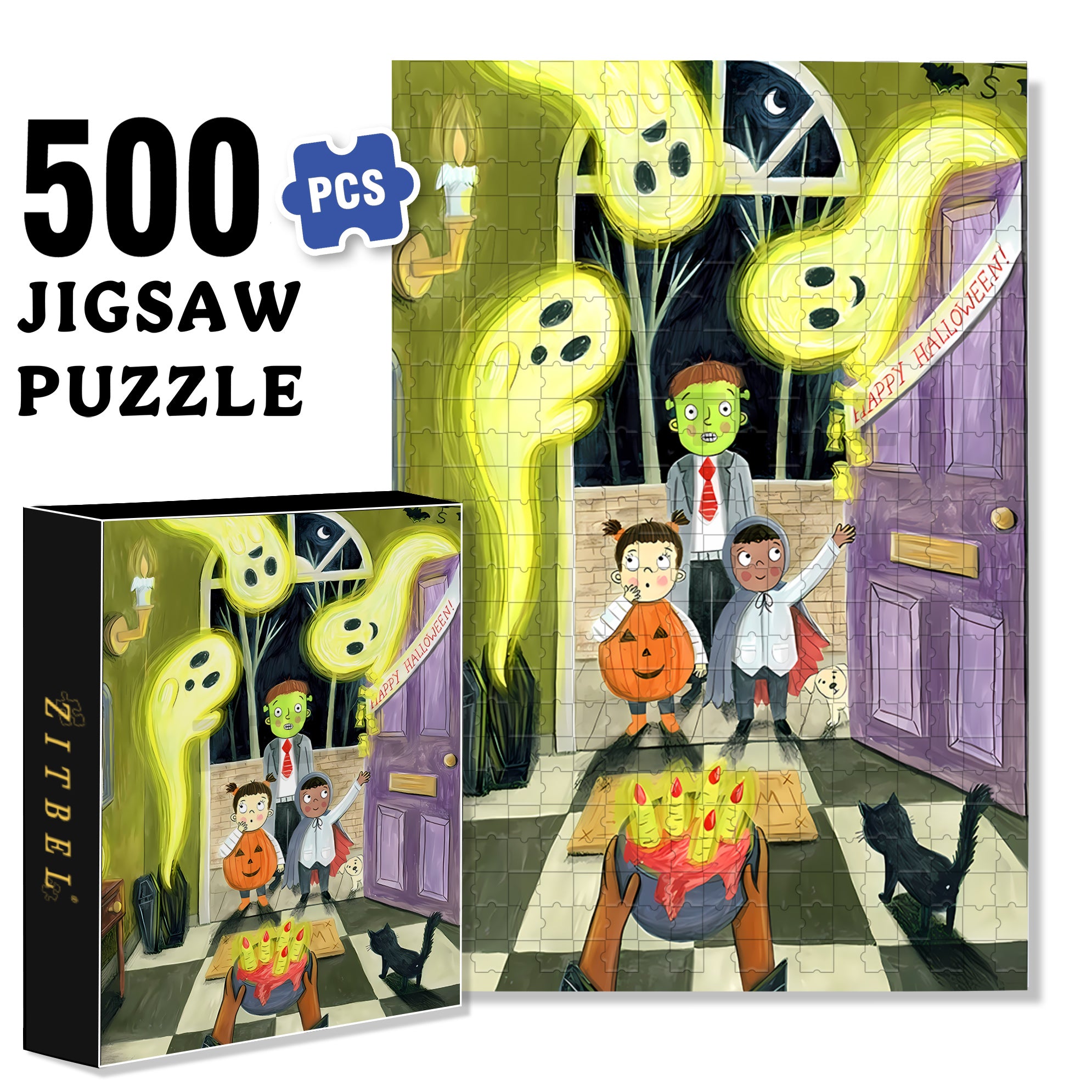 Happy Halloween 500pcs/1000pcs Jigsaw Puzzle, Scratch-Resistant, Interactive Family Game & Brain-Boosting DIY Decor, Perfect for Halloween, Christmas & New Year Gifts, Family Puzzle Game