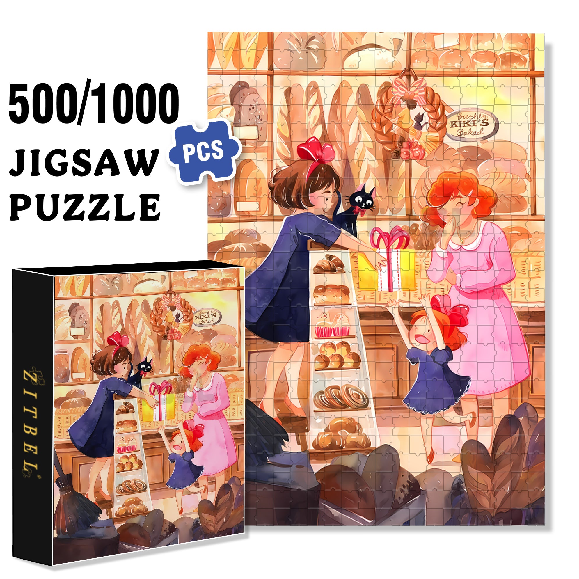 Kiki's Bakery 500pcs/1000pcs Jigsaw Puzzle, Scratch-Resistant, Interactive Family Game & Brain-Boosting DIY Decor, Perfect for Halloween, Christmas & New Year Gifts, Family Puzzle Game